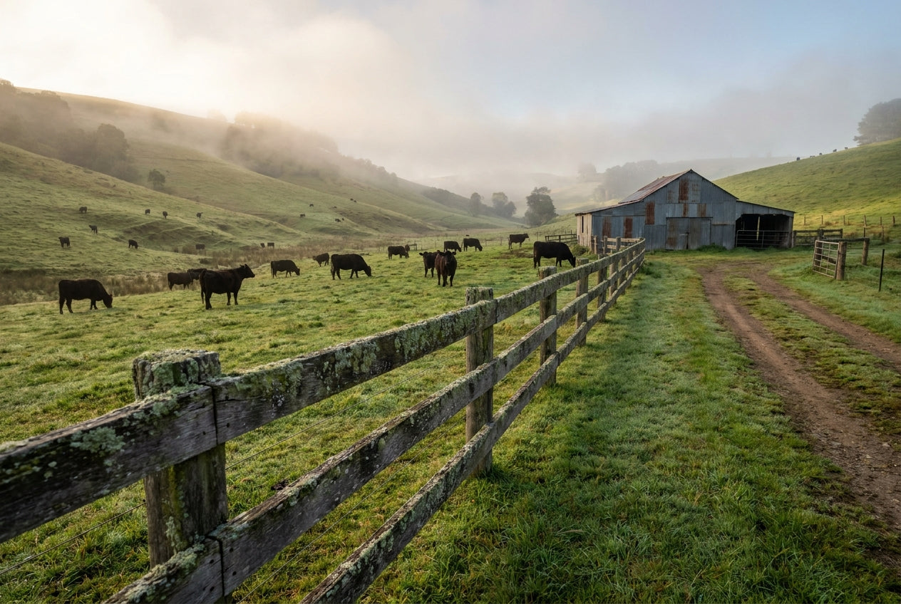 Cattle grazing on misty pasture at dawn beside a weathered timber barn on a Southern Highlands family farm
