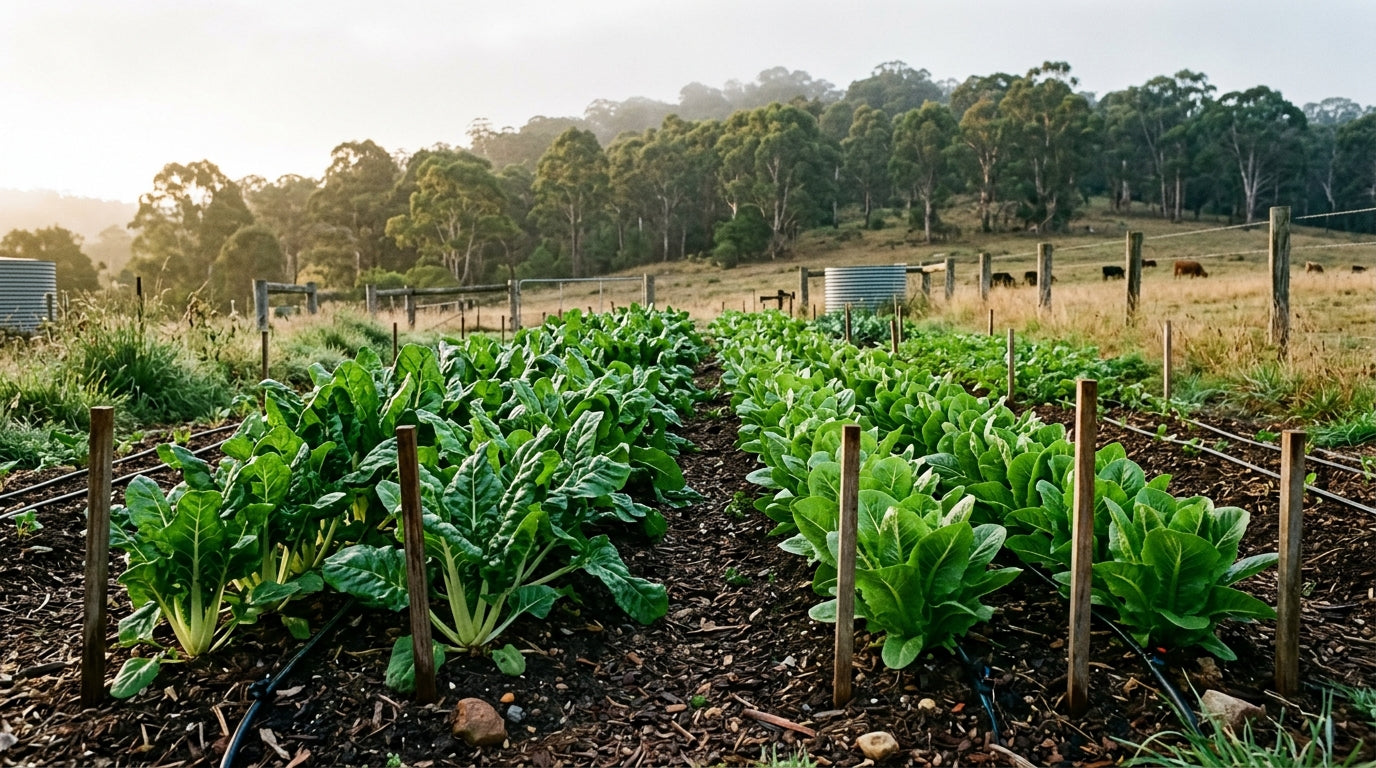 A thriving row of healthy eco-grown leafy vegetables on a Southern Highlands NSW farm at golden hour, leaves intact and pest-free, with eucalyptus gum trees on the ridgeline.