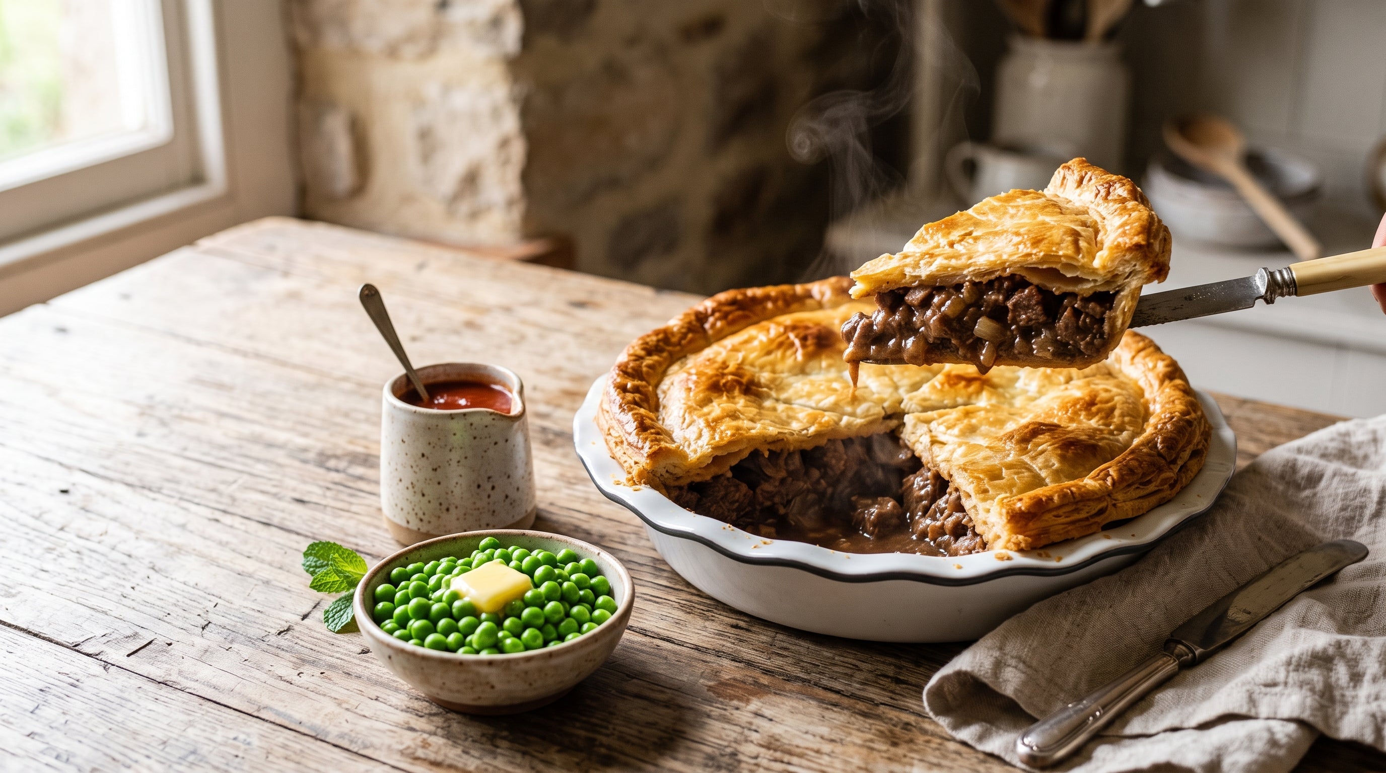 A family-sized Aussie meat pie made with grass-fed beef mince, cut open to show the rich gravy filling beneath its golden puff lid.