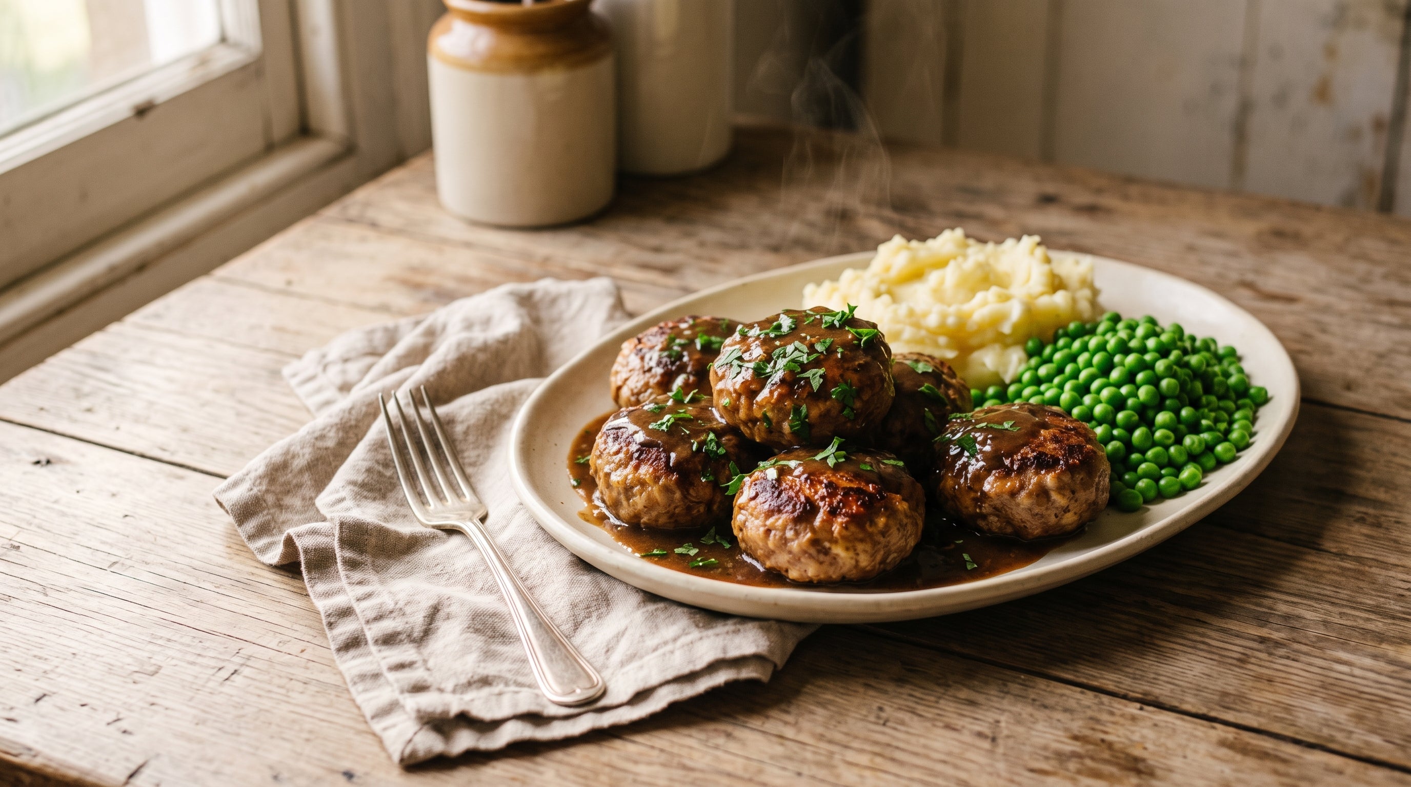 Golden pan-fried rissoles made with grass-fed beef mince, served with brown gravy, creamy mash and green peas.
