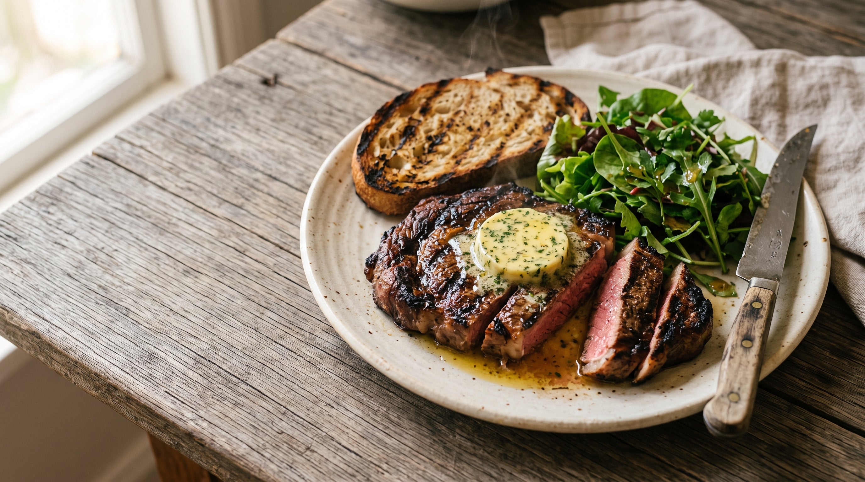 Barbecued grass-fed scotch fillet steak sliced and topped with melting garlic and parsley butter, served with charred bread.
