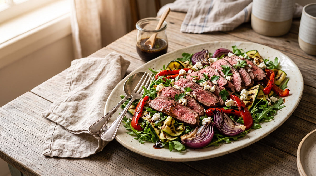 Grilled grass-fed BBQ steak sliced over a charred vegetable salad with rocket and crumbled feta.