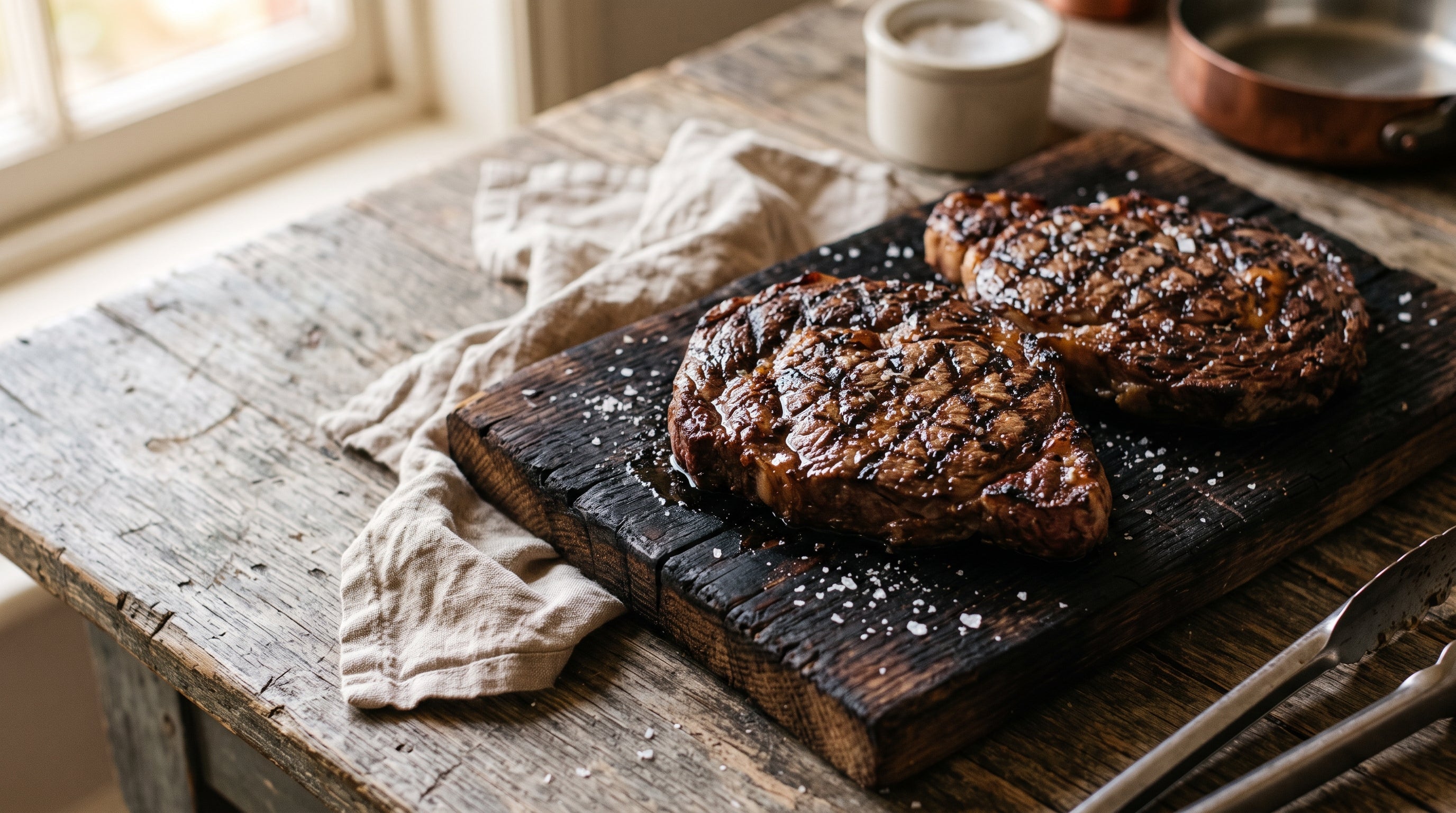 Char-grilled grass-fed steaks with crosshatch marks resting on a board