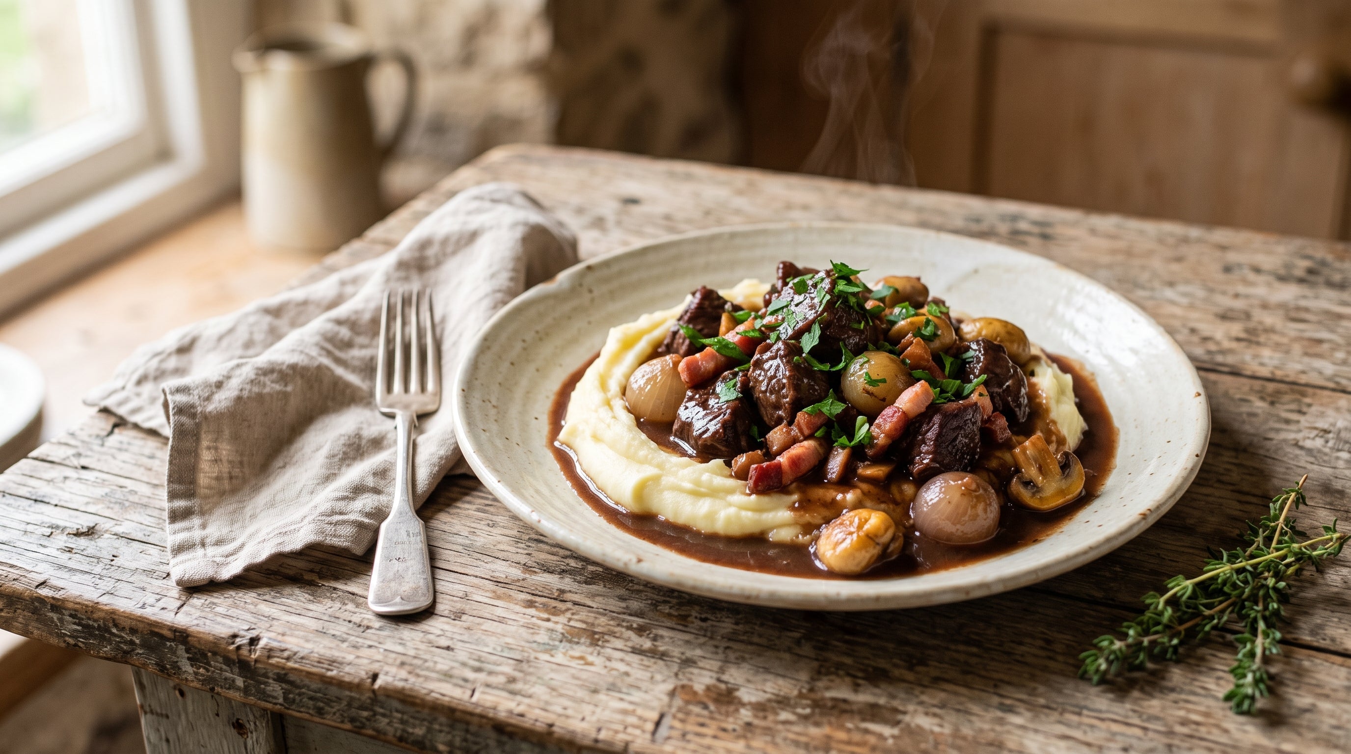 Beef bourguignon made with grass-fed diced beef, baby onions, mushrooms and bacon in red wine sauce, served over creamy mash.