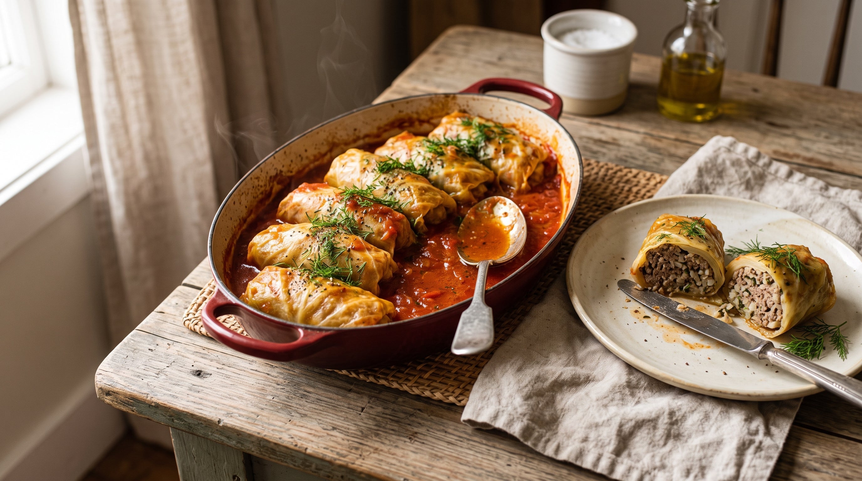 Cabbage rolls stuffed with grass-fed beef mince and rice, braised in tomato sauce and finished with fresh dill.