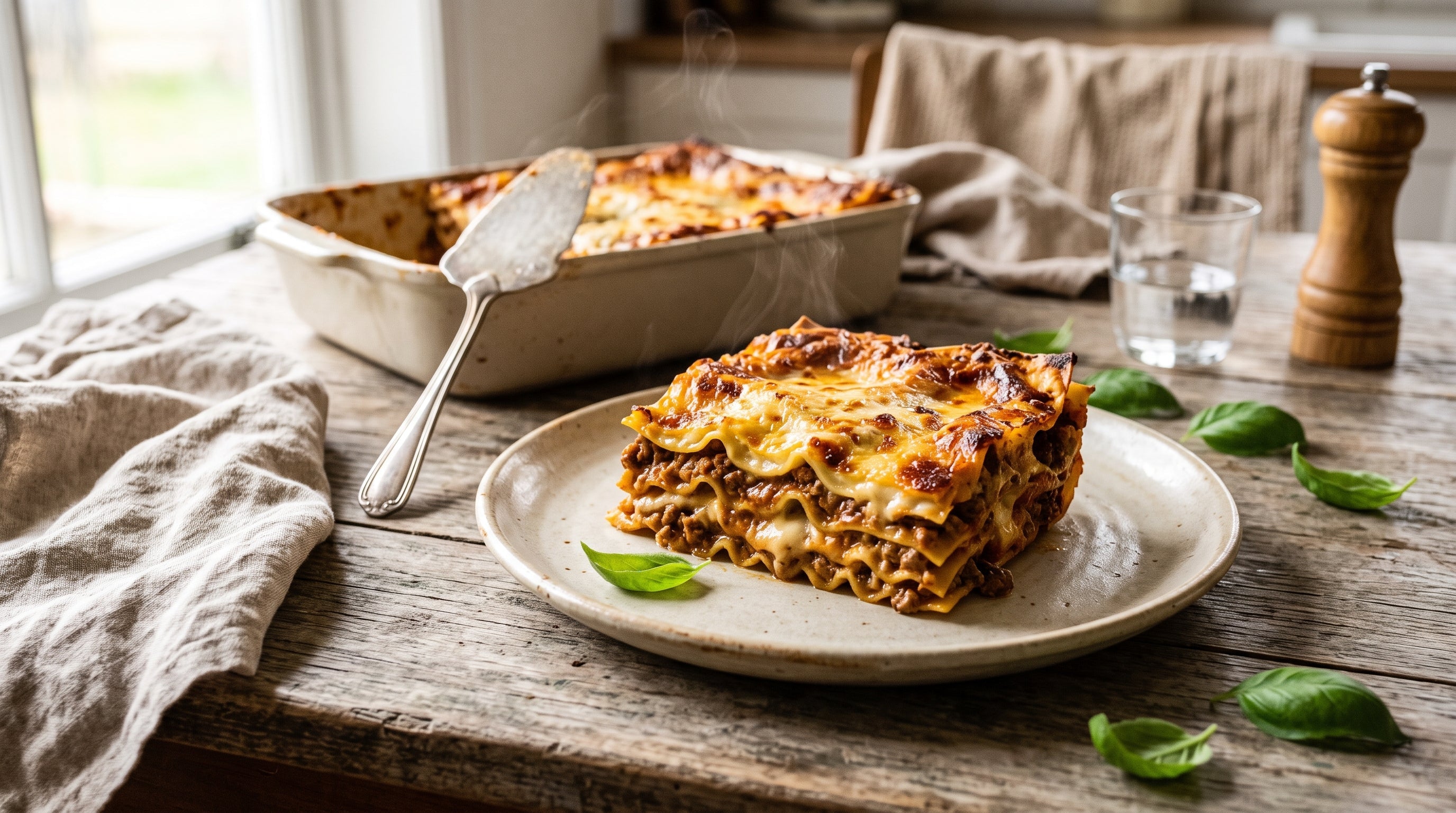 A baked-from-scratch grass-fed beef mince lasagne, served as a deep square showing layers of ragu, béchamel and golden cheese.