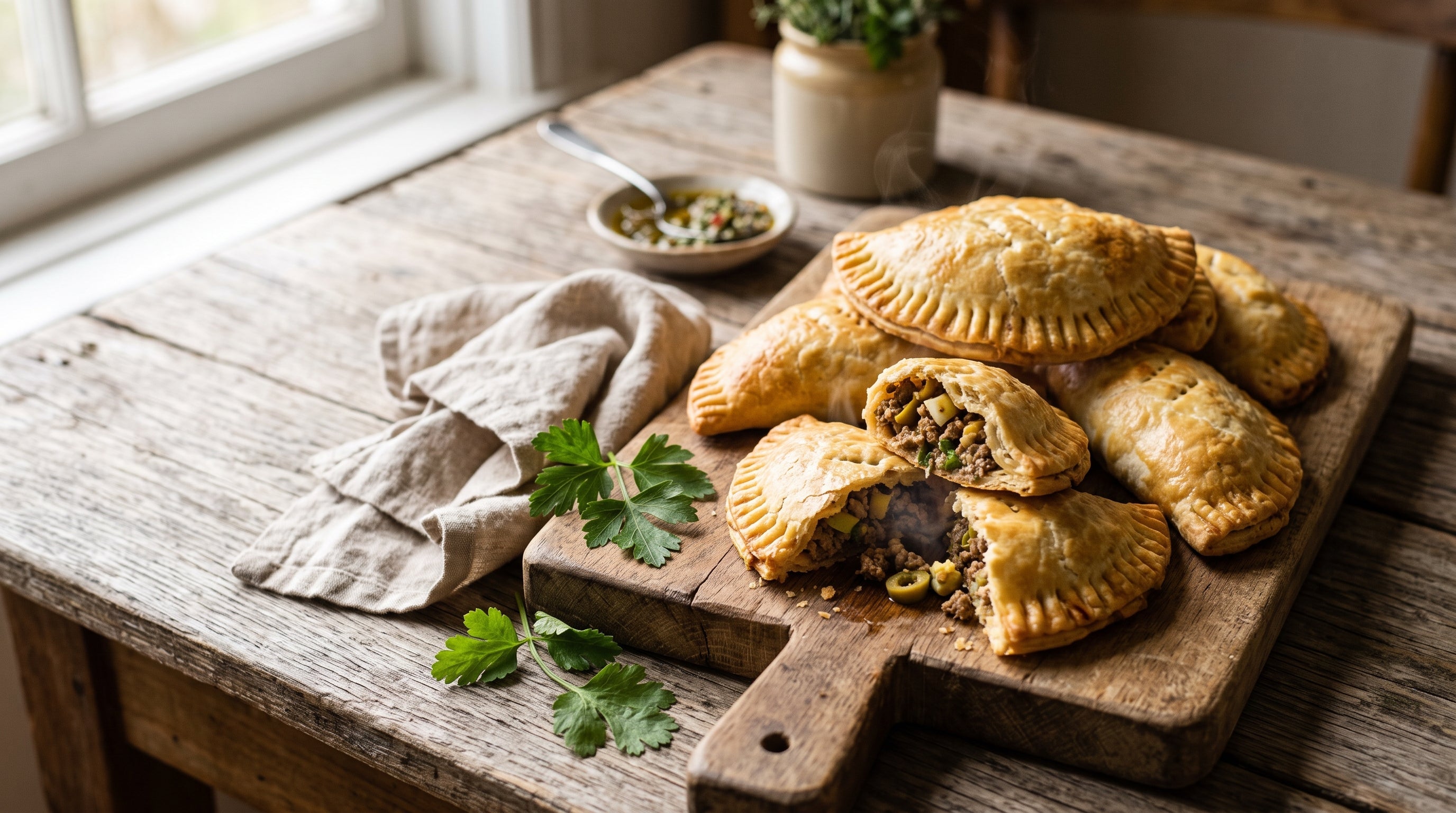 Golden baked empanadas filled with spiced grass-fed beef mince, green olives and egg, with one broken open on a timber board.
