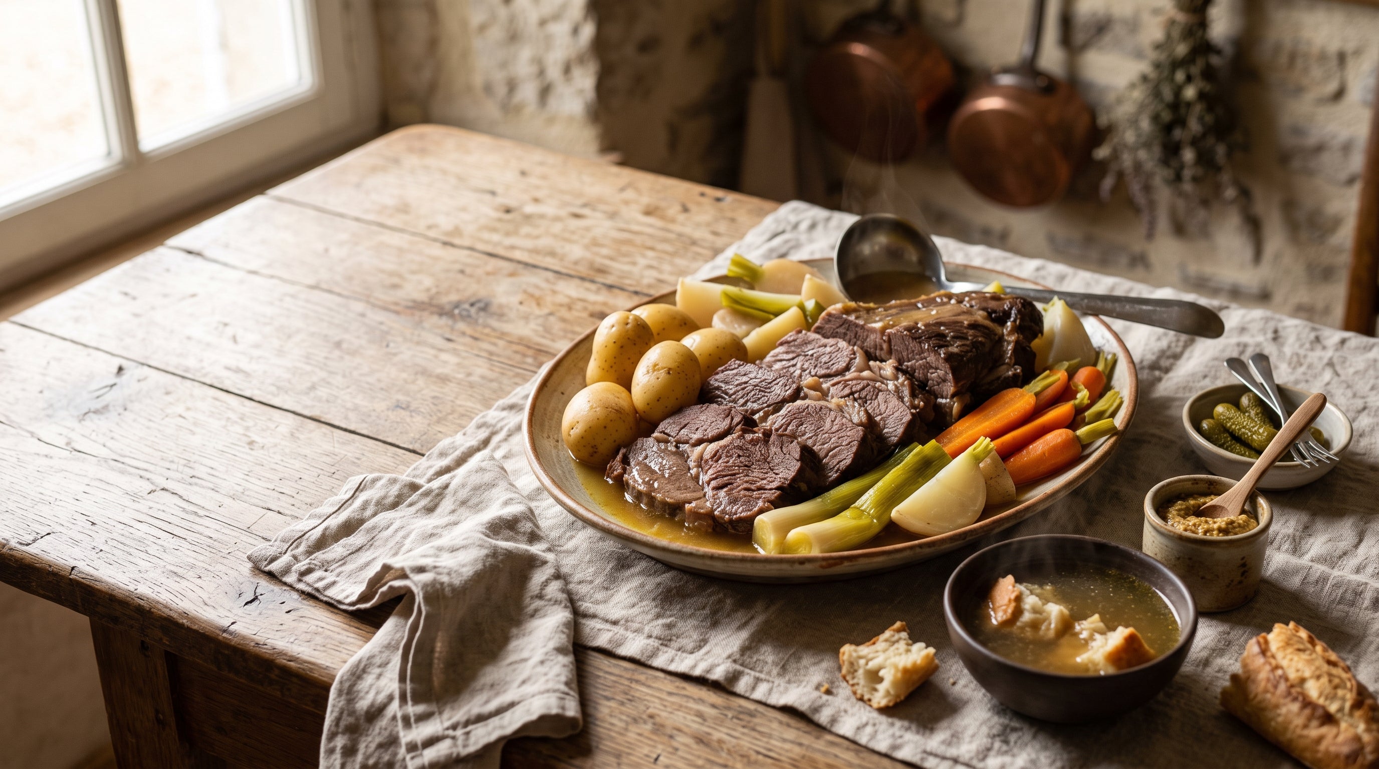 A pot-au-feu platter of poached grass-fed beef roast with winter vegetables and clear golden broth, served with mustard and cornichons.