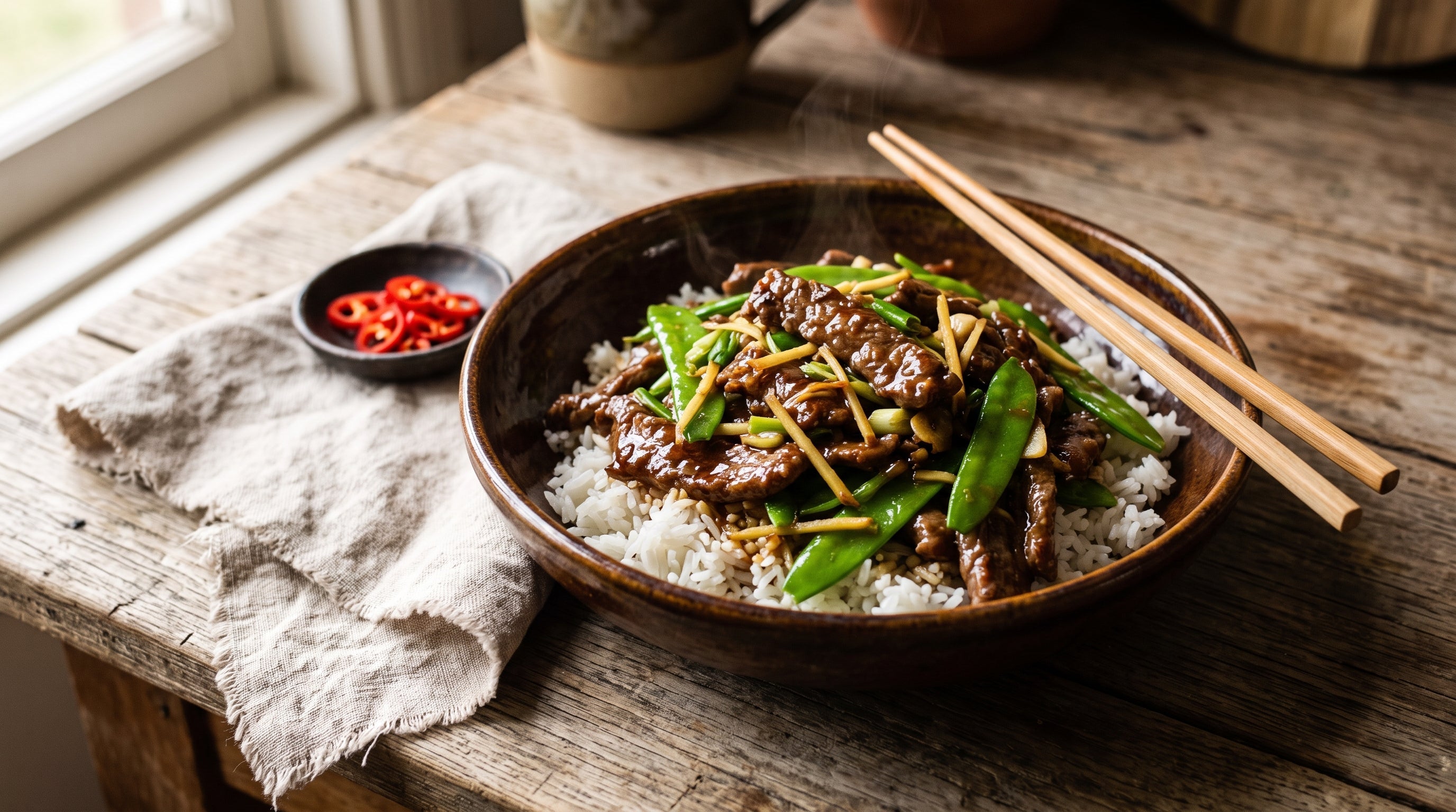 Beef and snow pea stir-fry made with thin strips of grass-fed round steak, served over jasmine rice in a ceramic bowl.