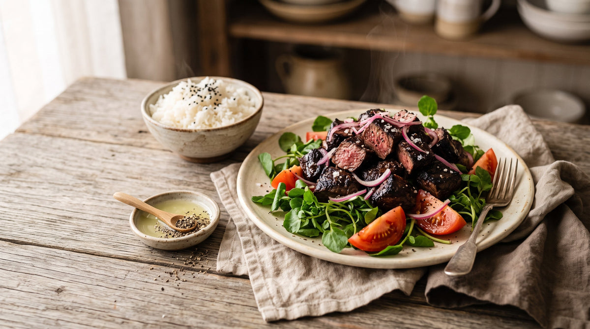 Bo luc lac Vietnamese shaking beef made with grass-fed eye fillet cubes over watercress, with jasmine rice and lime-pepper dip.