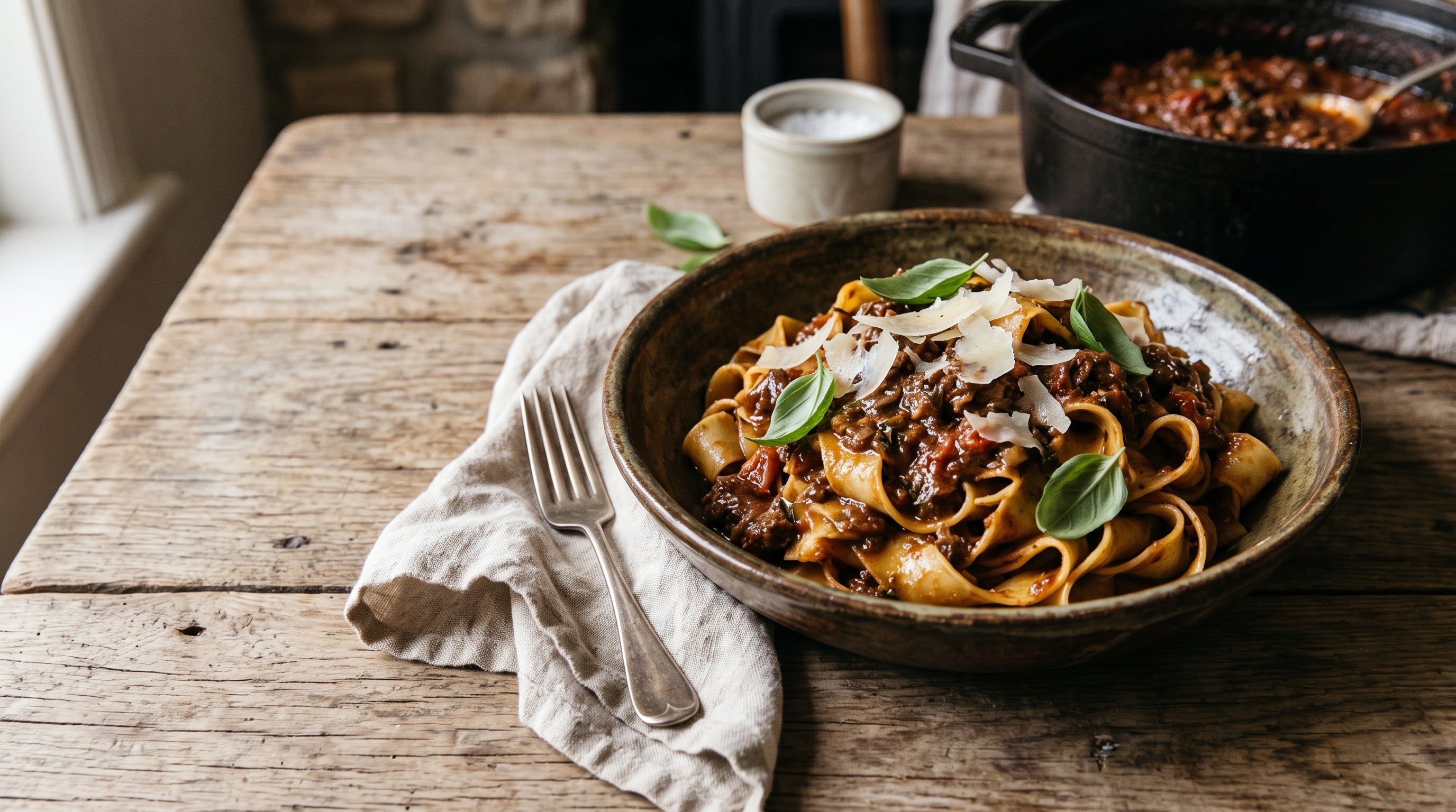 Grass-fed beef bolognese with pappardelle and shaved parmesan in a rustic bowl