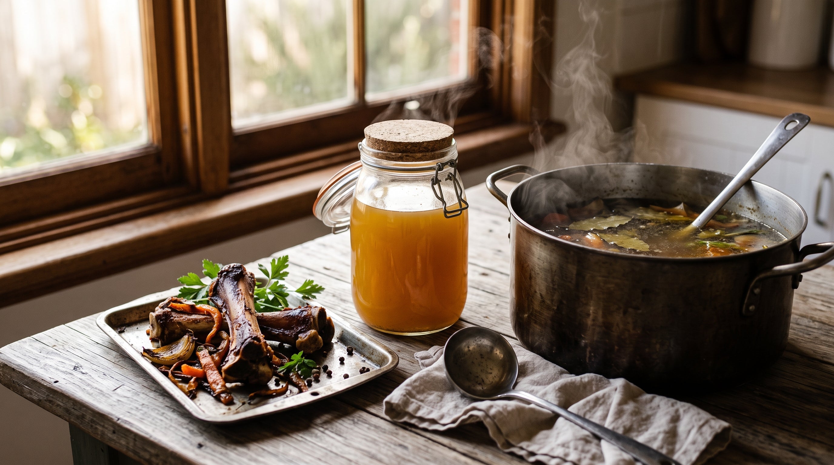 Golden grass-fed beef bone broth in a glass jar beside roasted bones