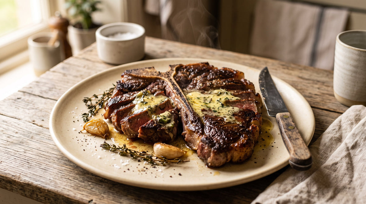 Butter-basted grass-fed T-bone steak carved steakhouse-style, with thyme garlic butter poured over both muscles.