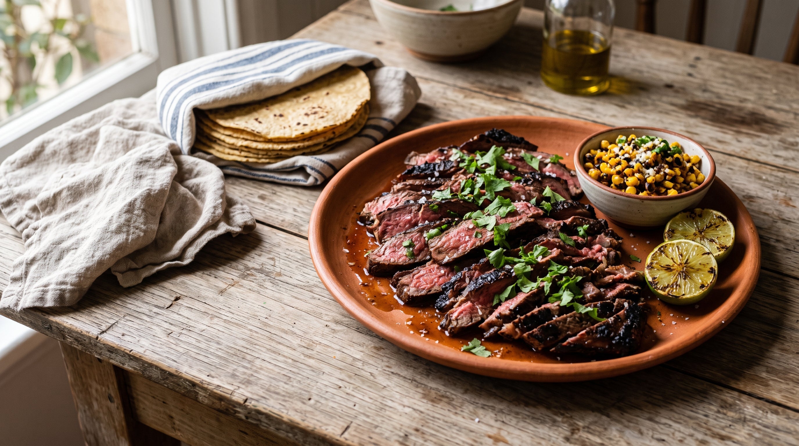 Barbecued carne asada-style grass-fed round steak, charred and thinly sliced across the grain, served with lime, tortillas and charred corn.