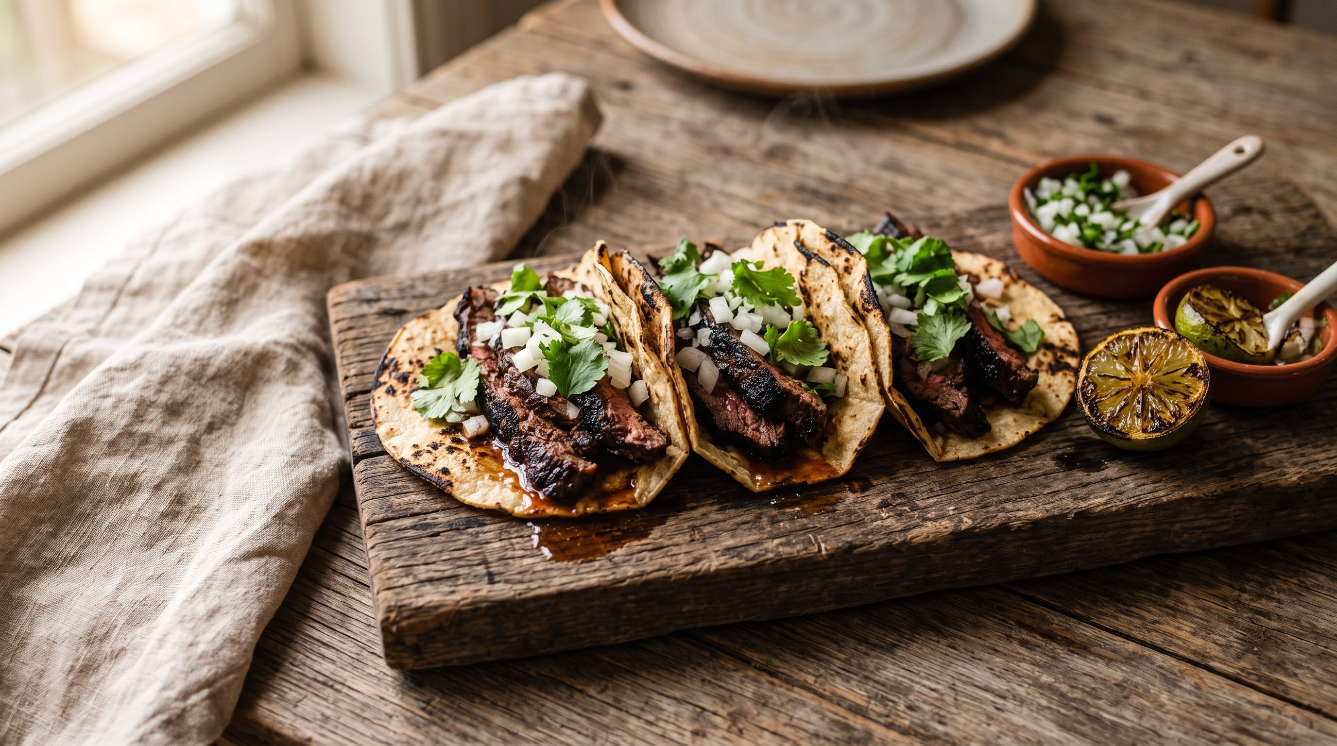 Charred grass-fed round steak sliced thin and piled into warm tortillas with onion, coriander and lime.