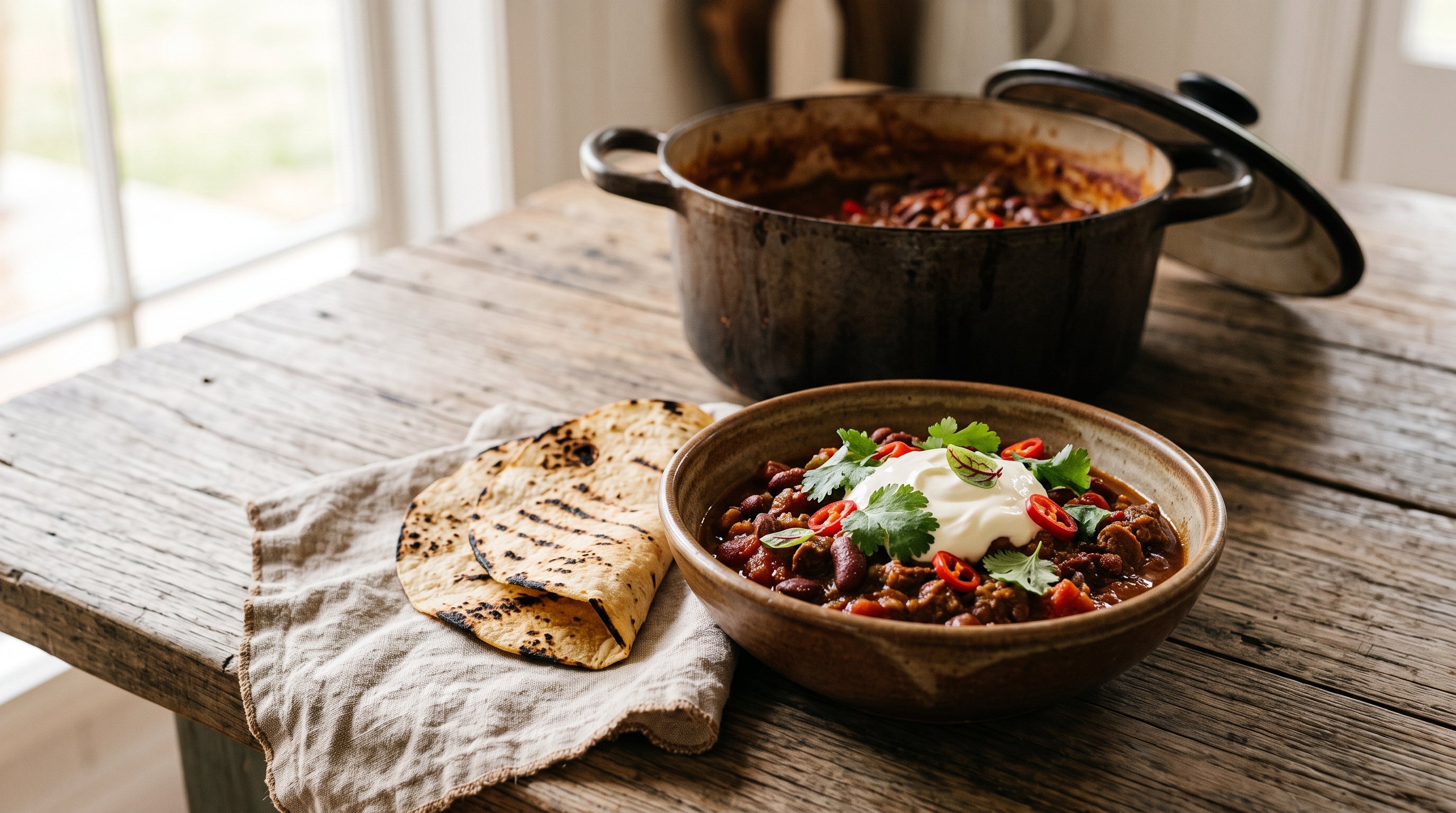 Grass-fed beef chilli con carne with sour cream and coriander
