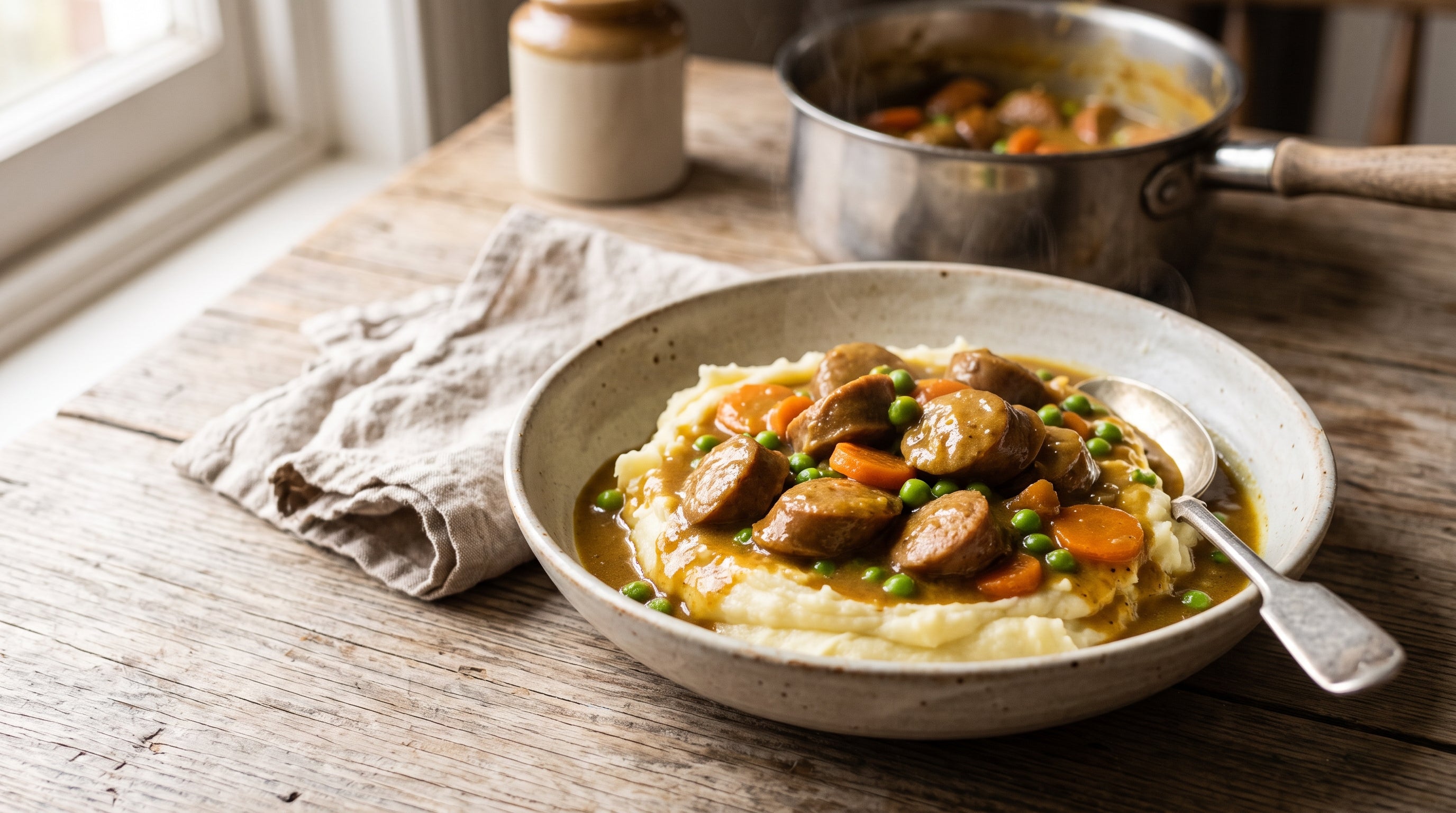 Old-school curried beef sausages with carrots and peas in golden curry gravy served over creamy mashed potato.