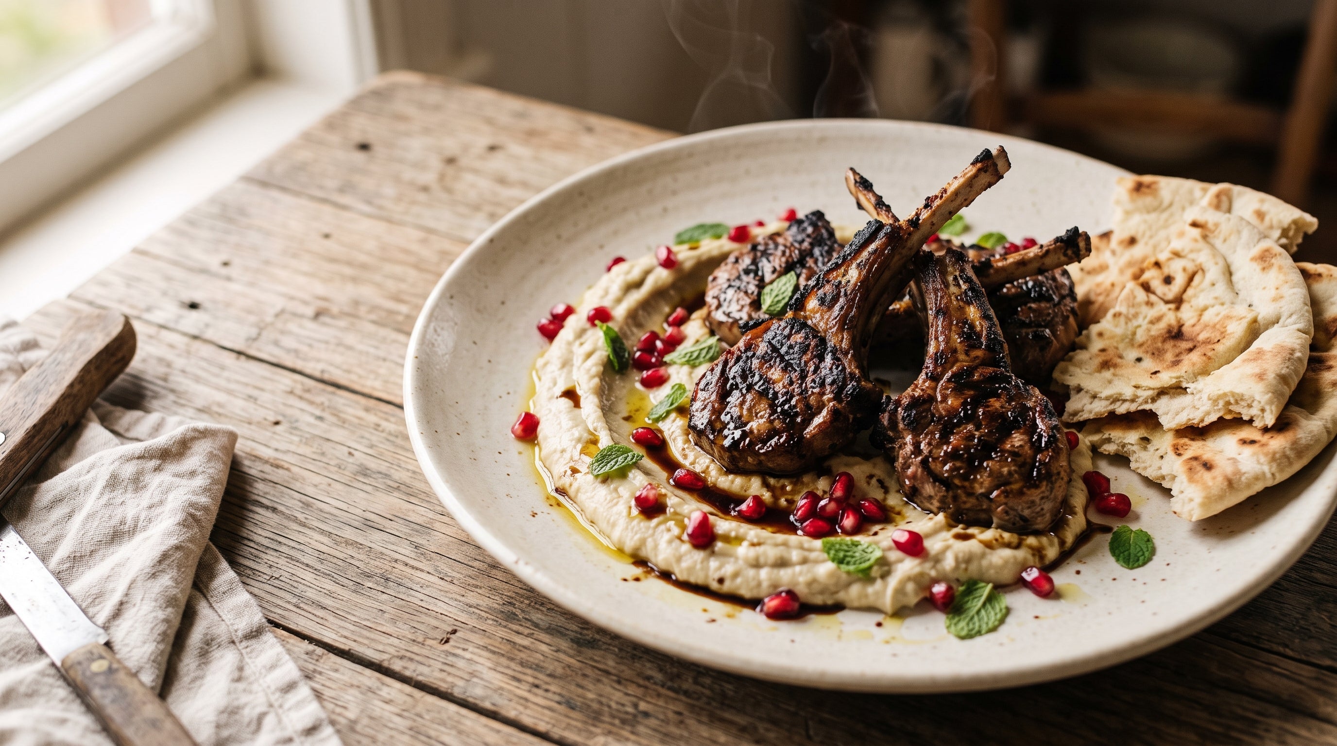 Barbecued grass-fed lamb cutlets on smoky whipped eggplant with pomegranate seeds and mint.