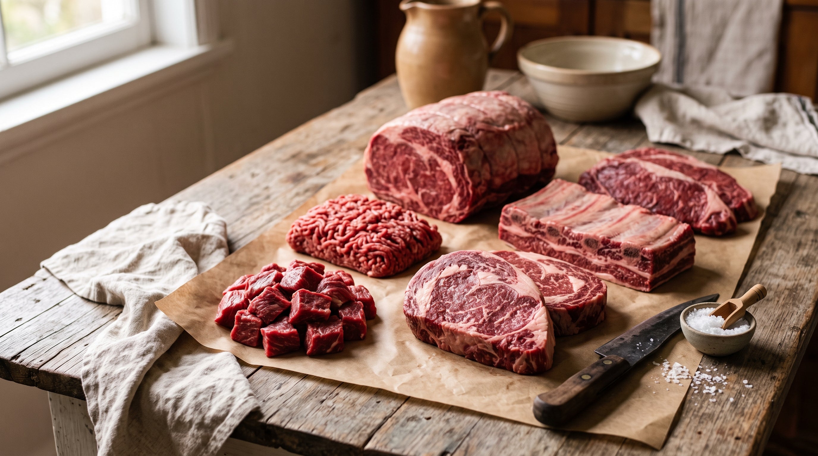 Raw grass-fed beef cuts arranged on butcher's paper