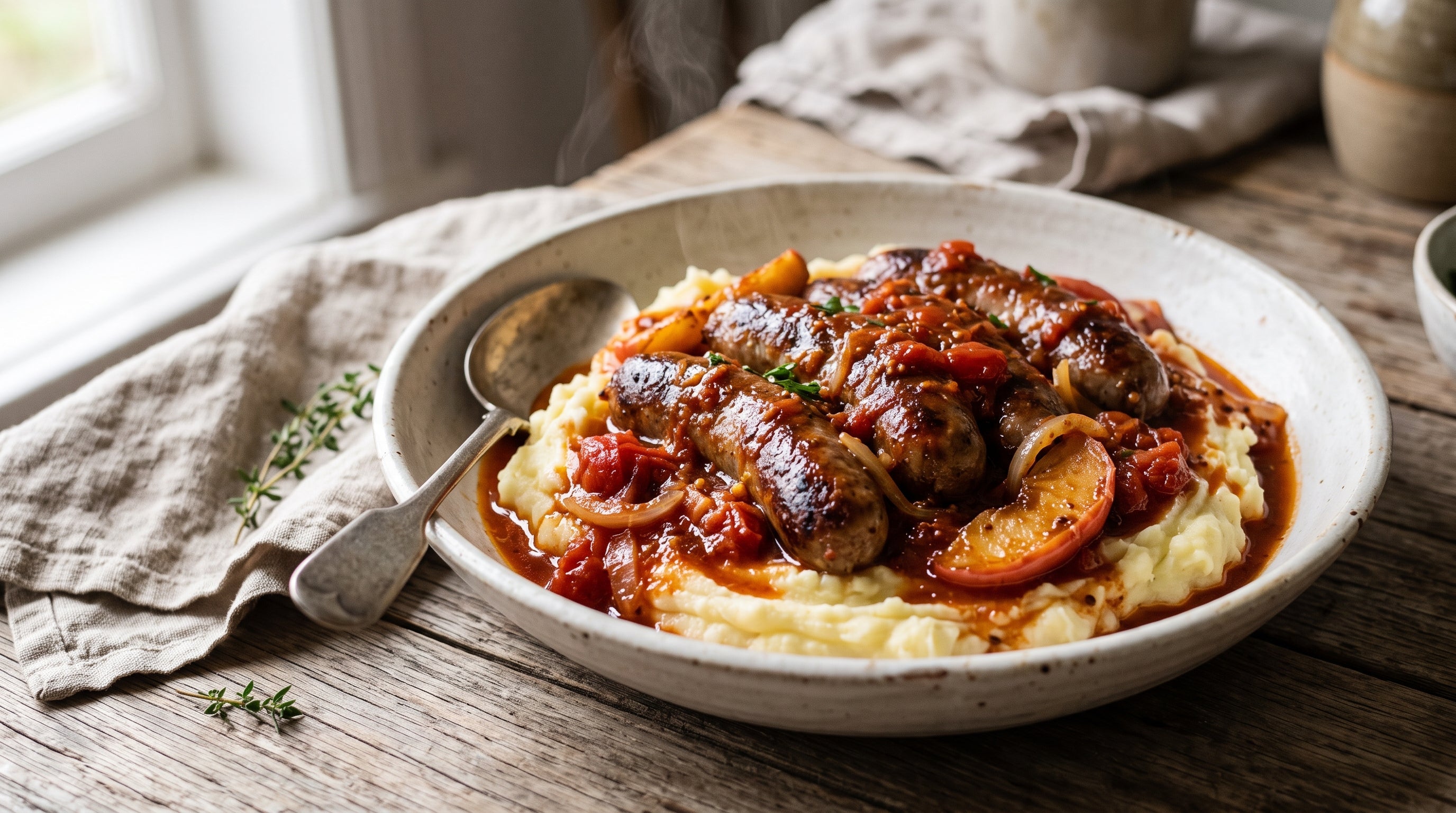 Devilled beef sausages simmered in tangy tomato sauce with apple and onion, served over creamy mashed potato.