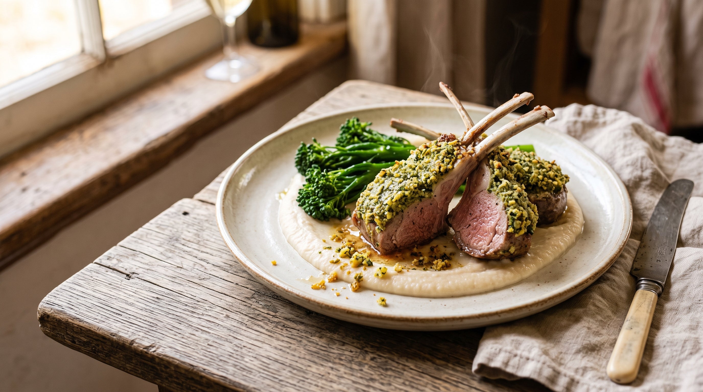 Herb and Dijon-crusted grass-fed lamb cutlets with a golden crumb over white bean puree and broccolini.