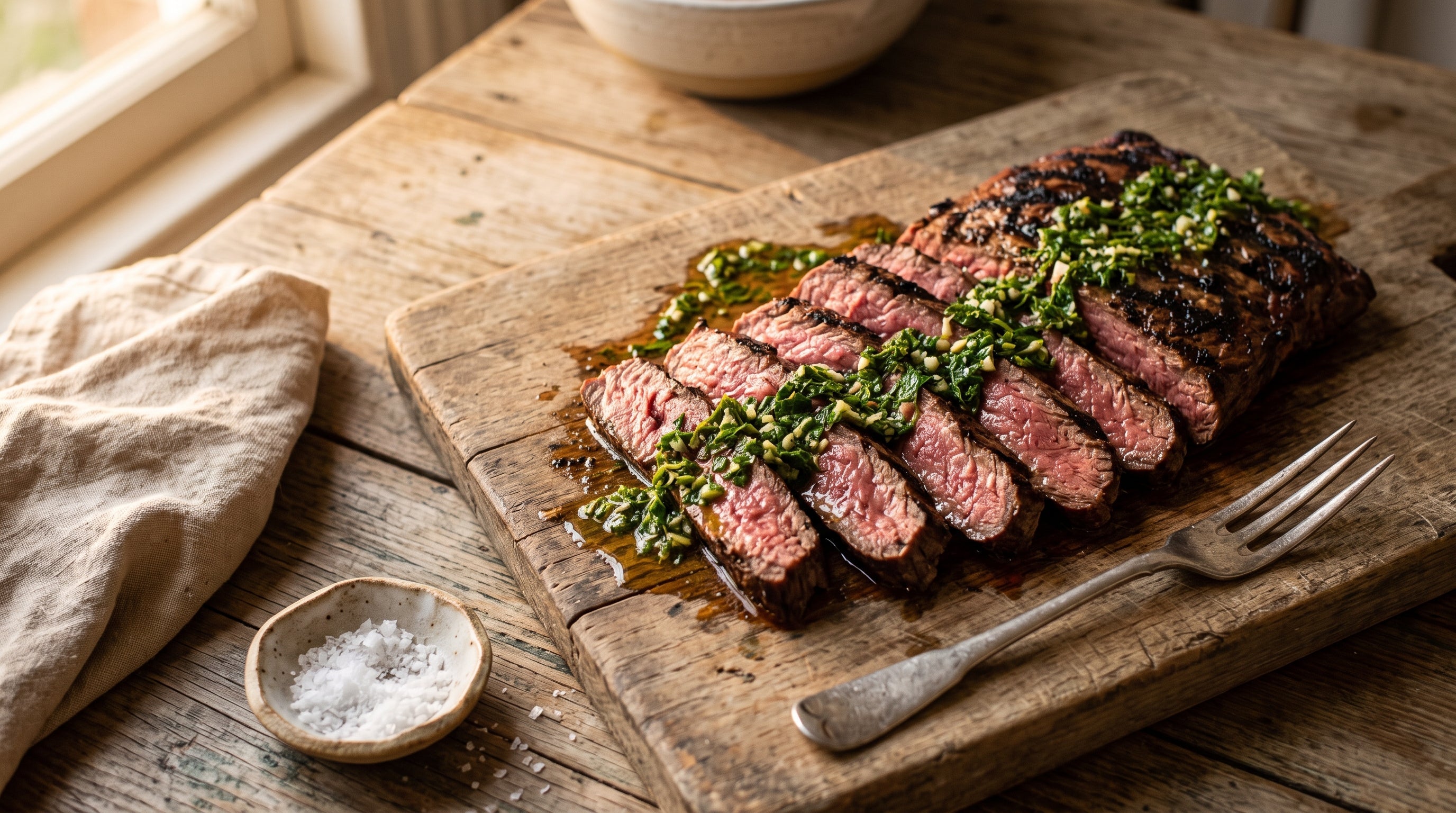 Barbecued DIY flat-iron steak trimmed from grass-fed blade steak, sliced medium-rare and dressed with a parsley board sauce.