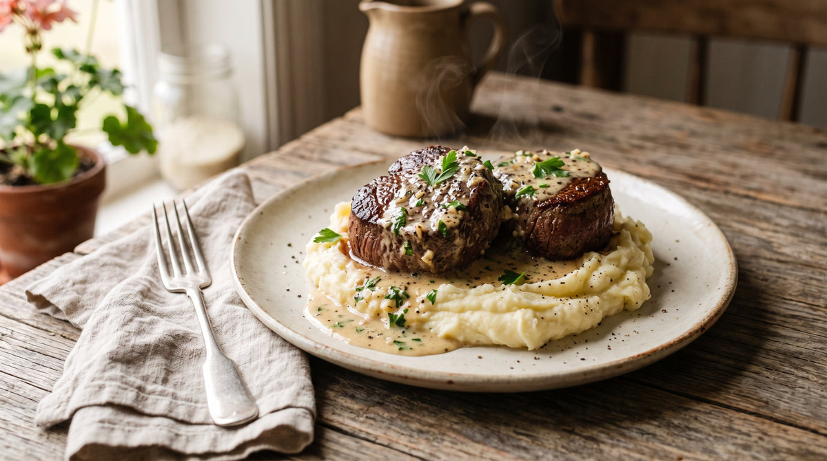 Pan-fried grass-fed eye fillet medallions with garlic cream sauce served over creamy mash.
