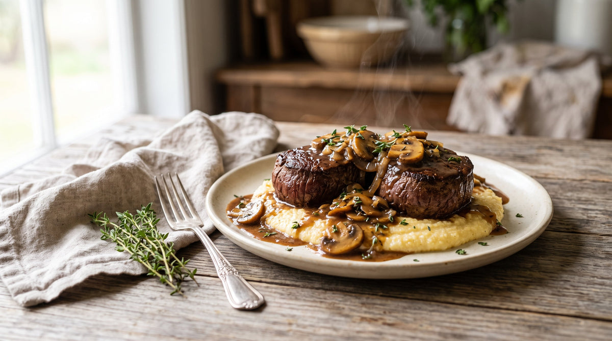 Pan-fried grass-fed eye fillet medallions with mushroom and Marsala sauce over soft polenta.