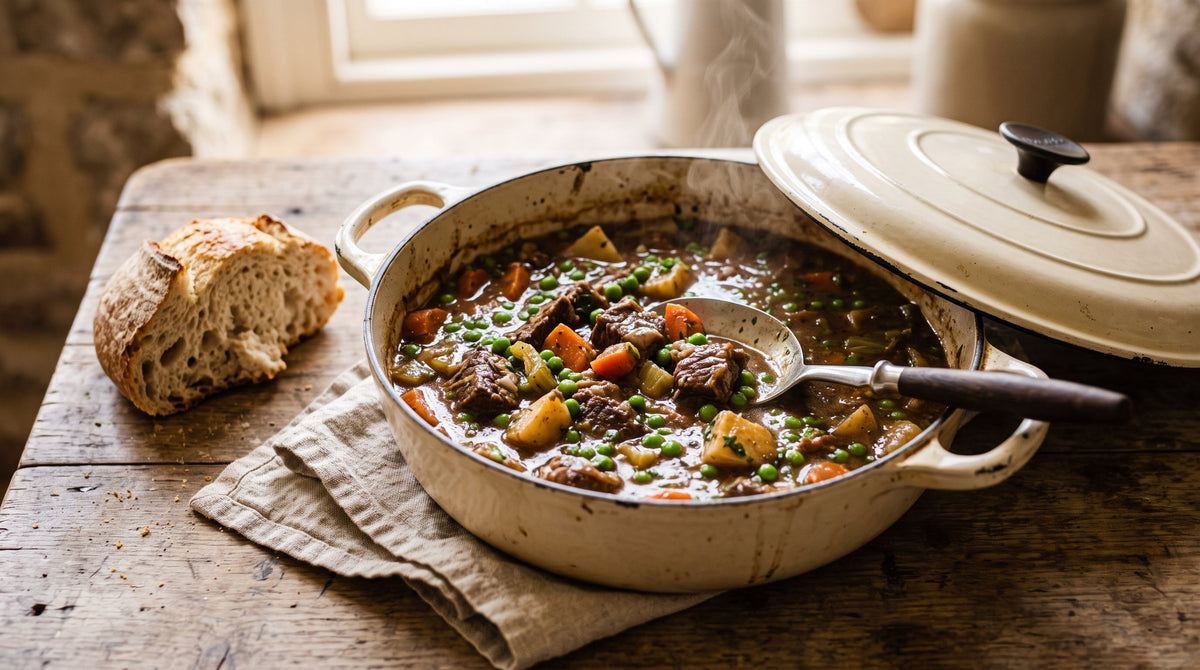 A family beef casserole of grass-fed blade steak with carrots, potatoes and peas in rich gravy, served in an enamel dish.