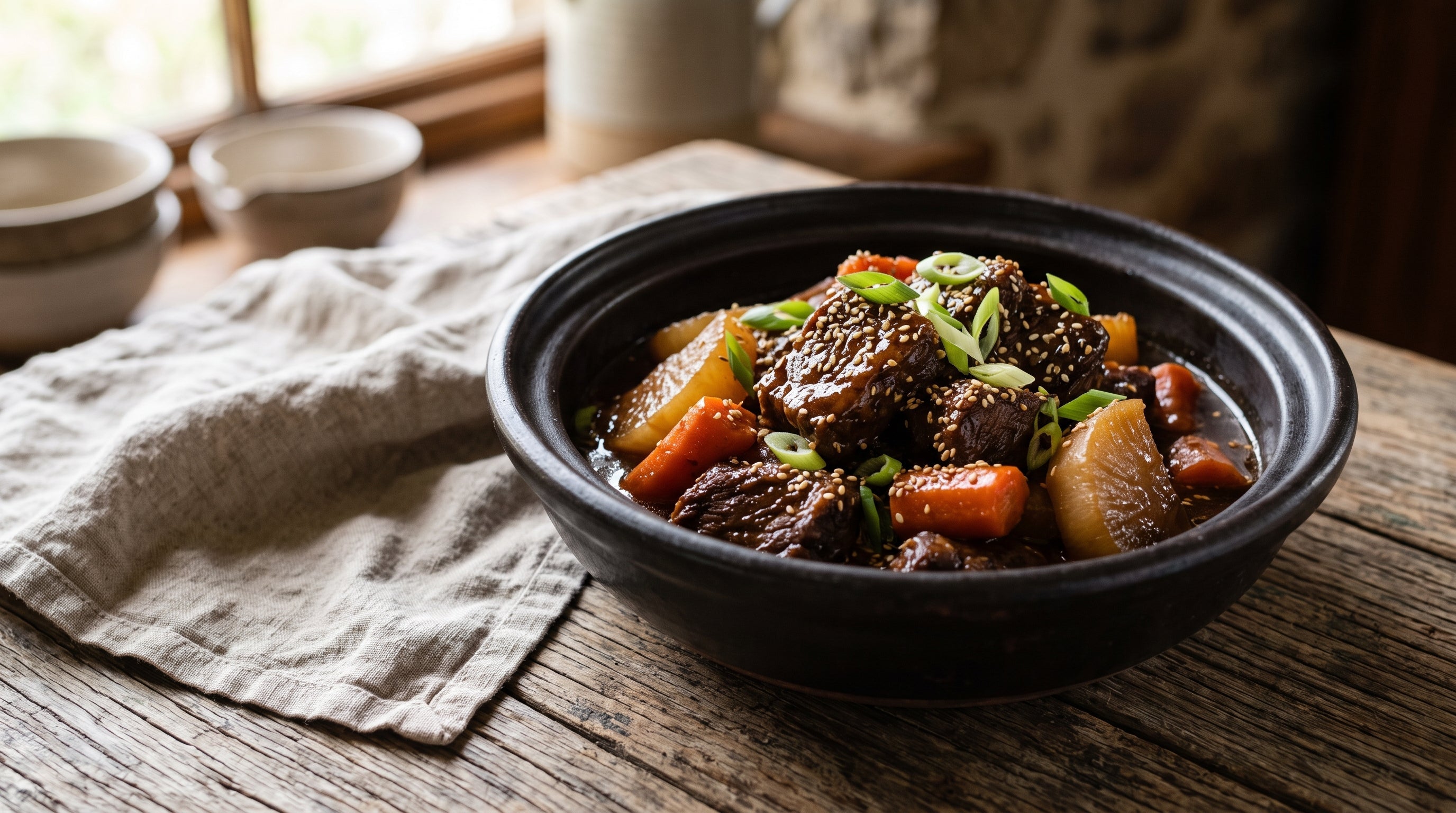 Korean-style braised grass-fed beef with sesame and spring onion
