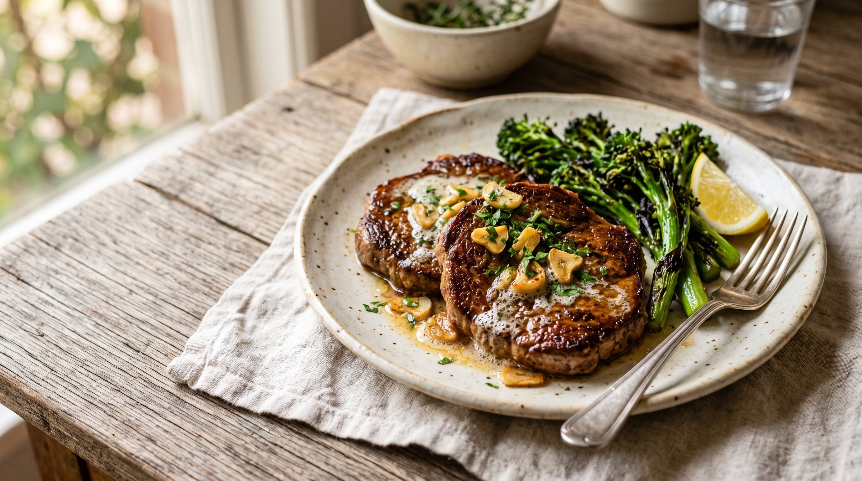 Pan-fried grass-fed round steaks with foaming garlic butter and charred broccolini on a cream stoneware plate.