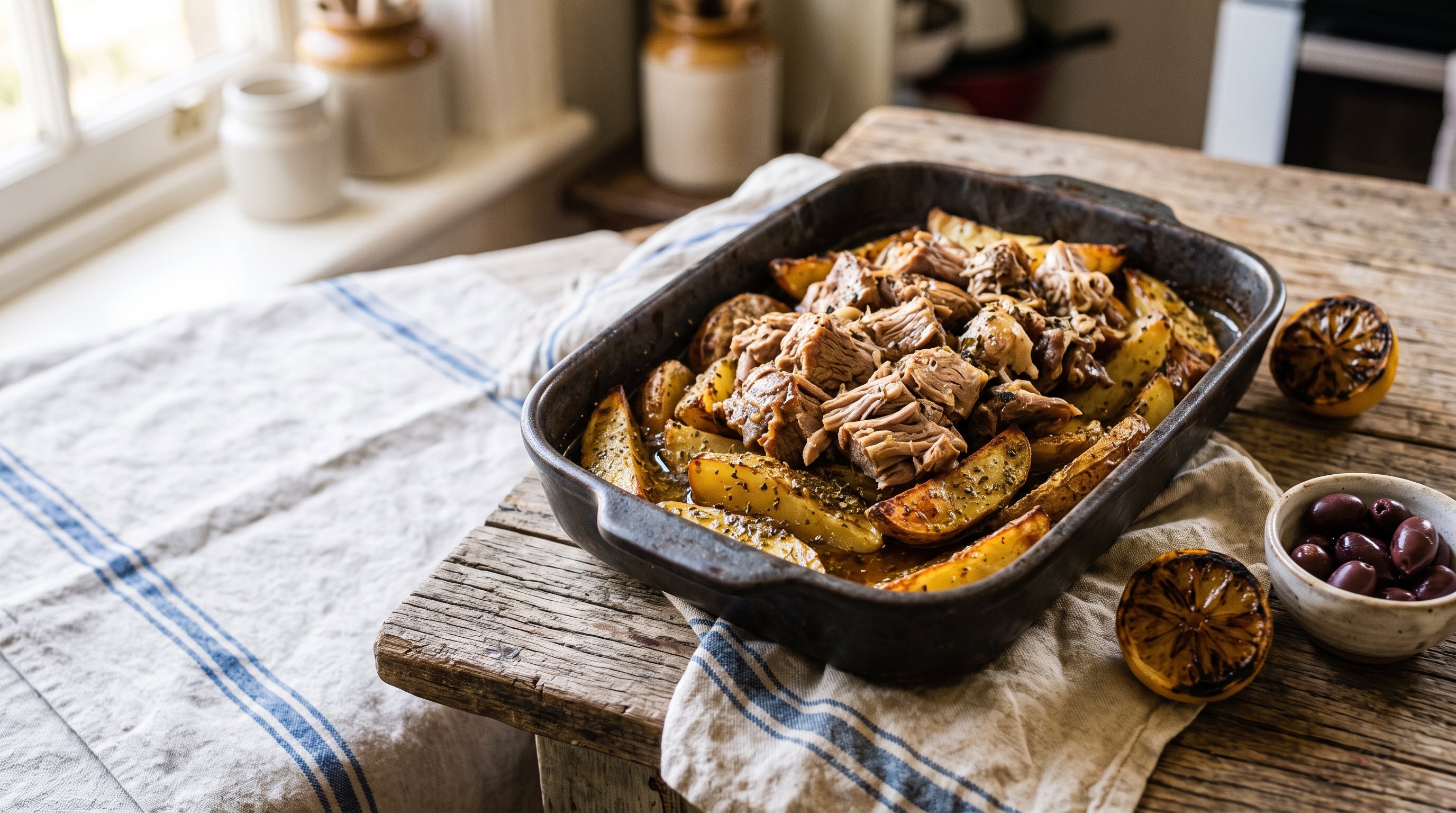 Greek-style grass-fed lamb roast with lemon and oregano served over golden potatoes in a ceramic baking dish.