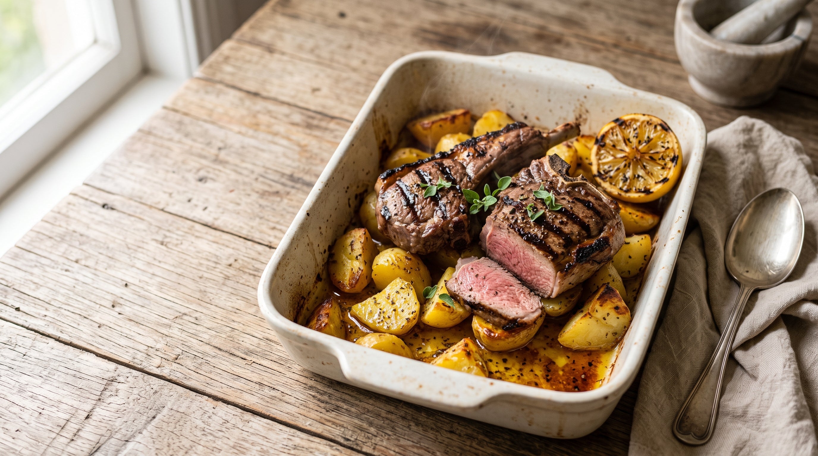 Greek-style grass-fed lamb loin chops served over golden lemon potatoes in a ceramic baking dish.