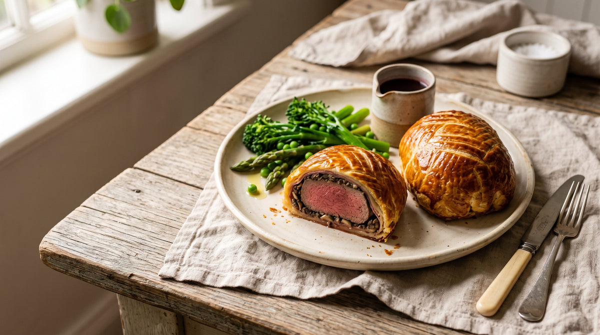 Individual beef Wellingtons made with grass-fed eye fillet medallions, one cut open to show a medium-rare centre.