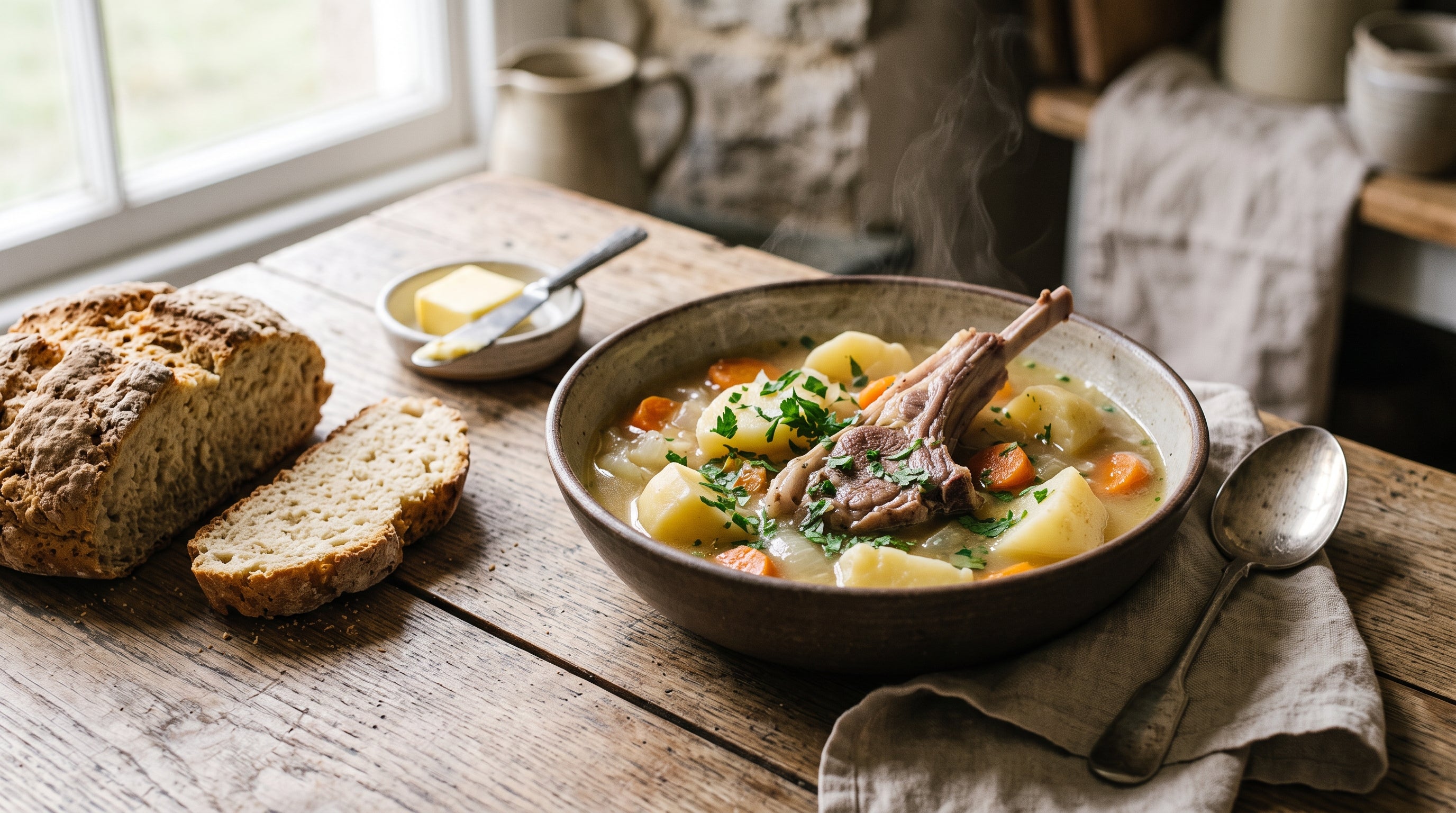 A traditional Irish stew of lamb forequarter chops, potatoes, carrots and onions in a light broth with parsley.