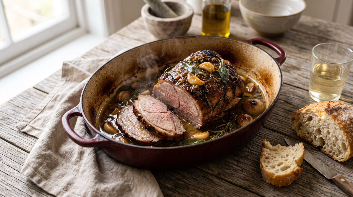 Italian pot-roasted grass-fed lamb with white wine, whole garlic cloves and sage in a cast-iron pot.