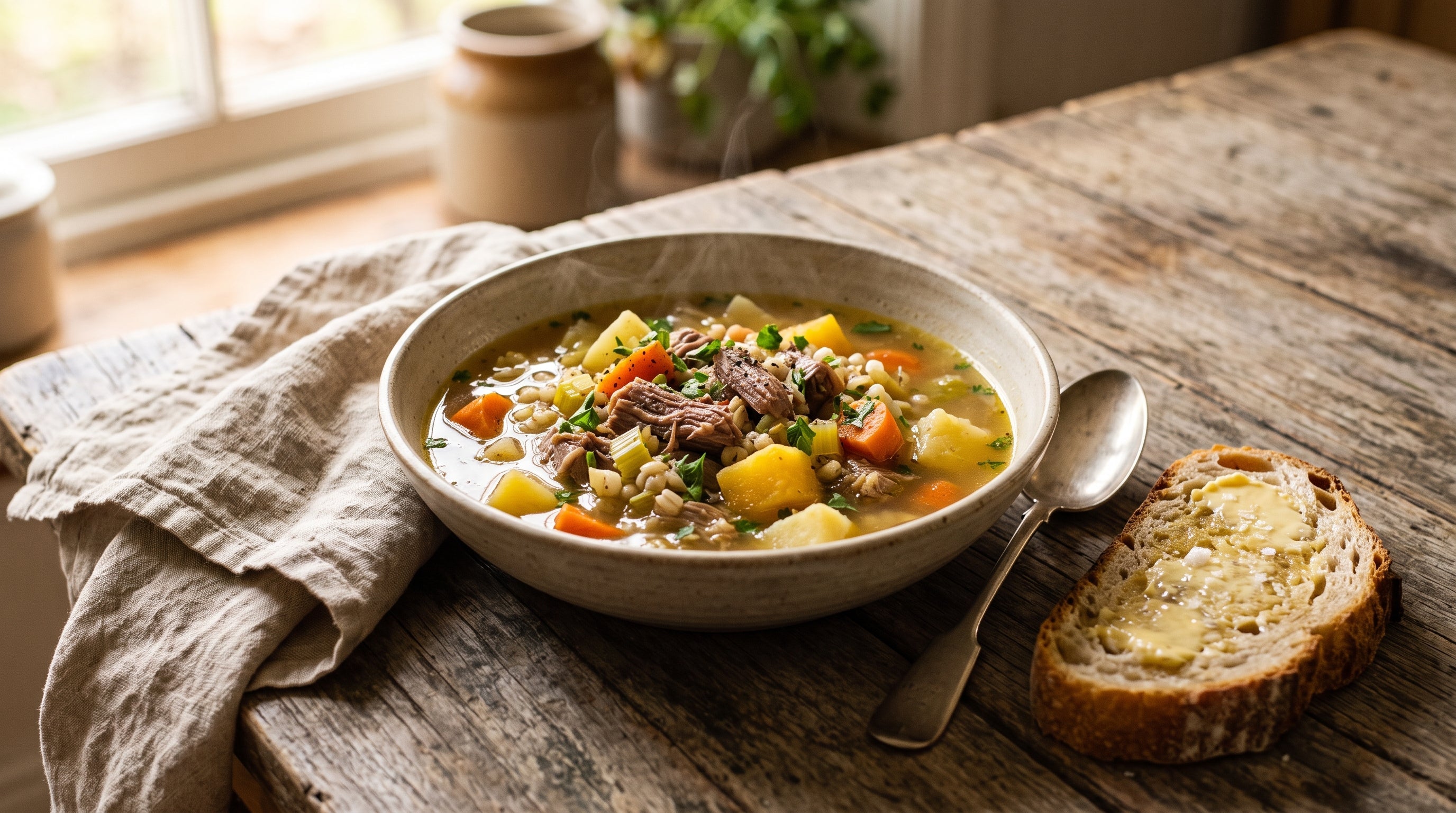 A hearty bowl of lamb bone and root vegetable soup with carrot, swede and potato in a golden broth.