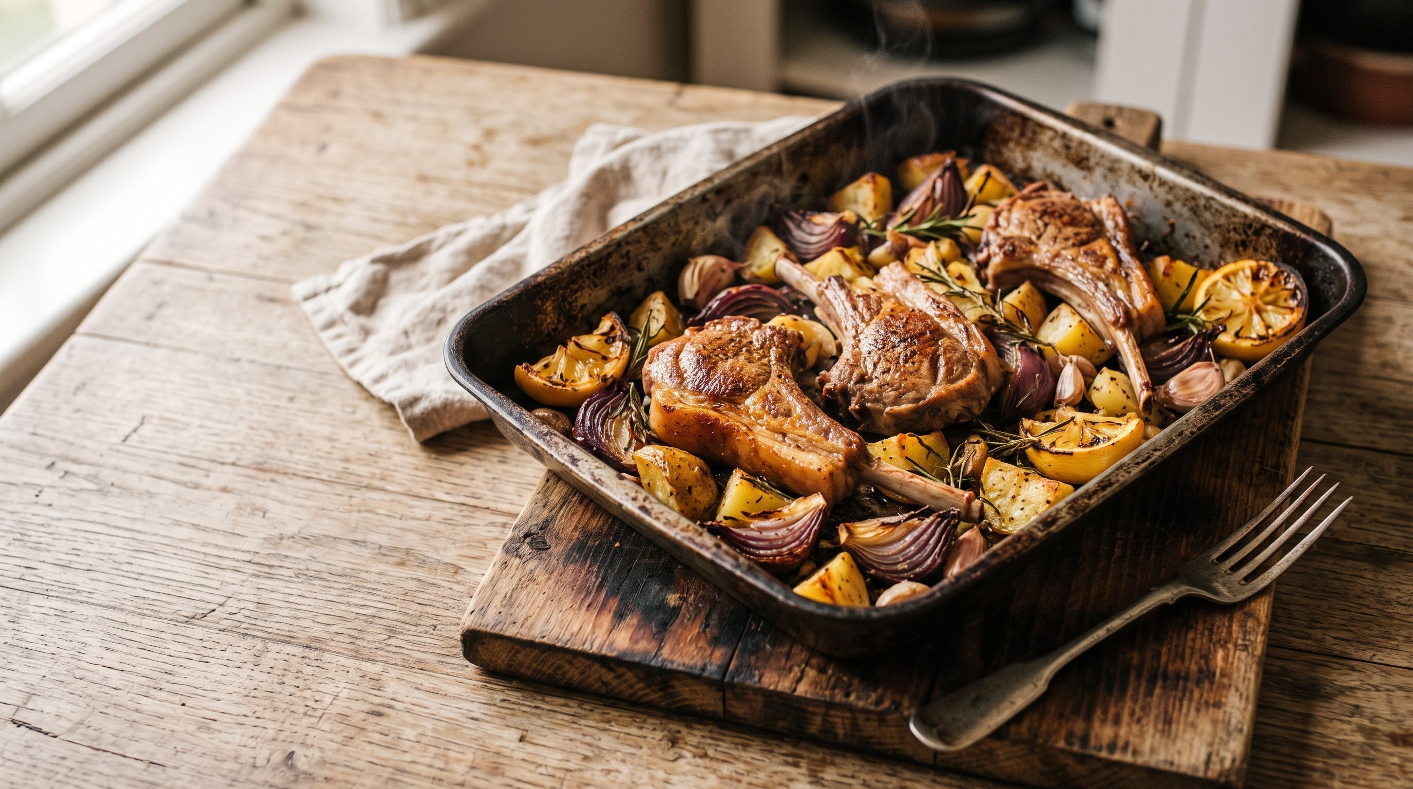 A one-tray bake of lamb forequarter chops roasted over golden potatoes, red onion and lemon wedges.