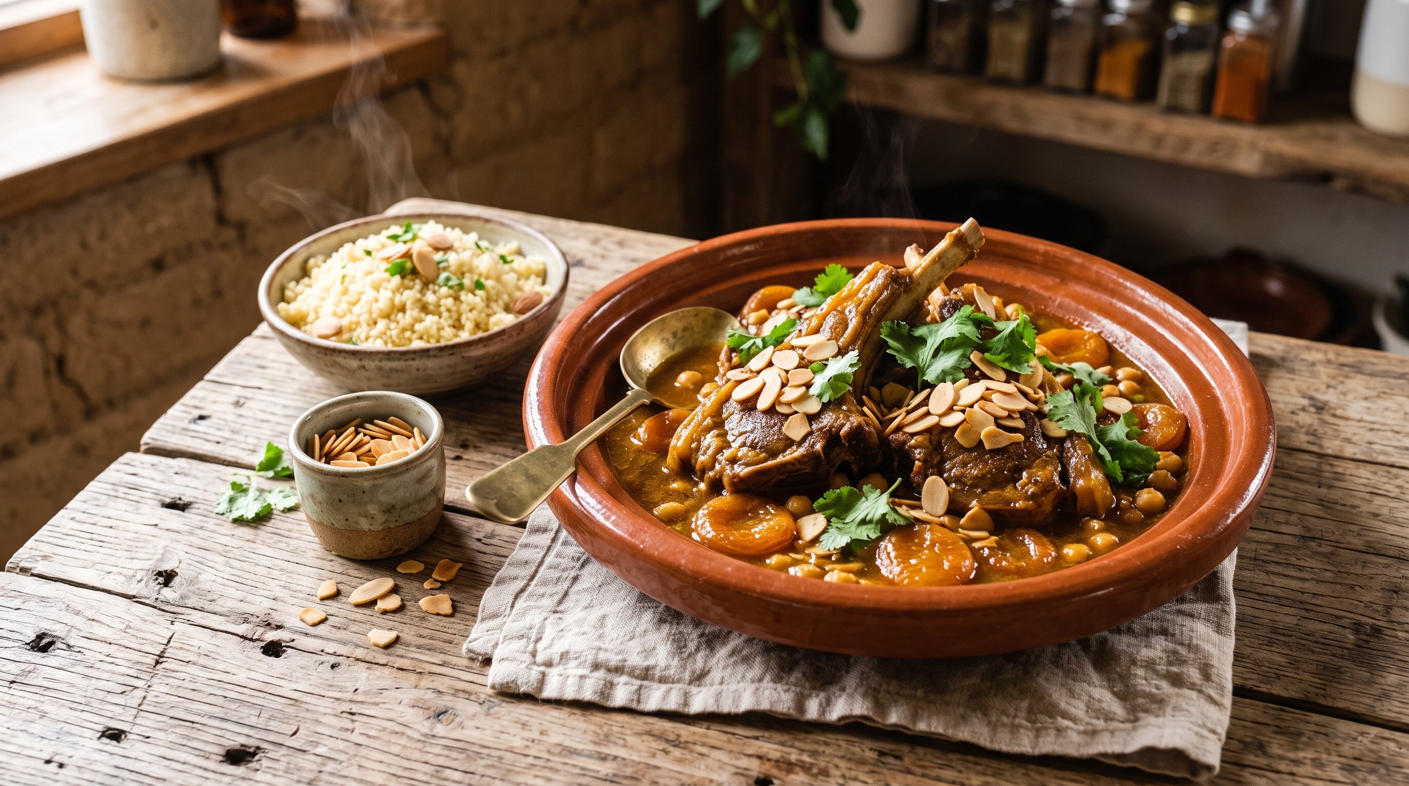 Moroccan lamb forequarter chop tagine with apricots and toasted almonds, served with couscous.