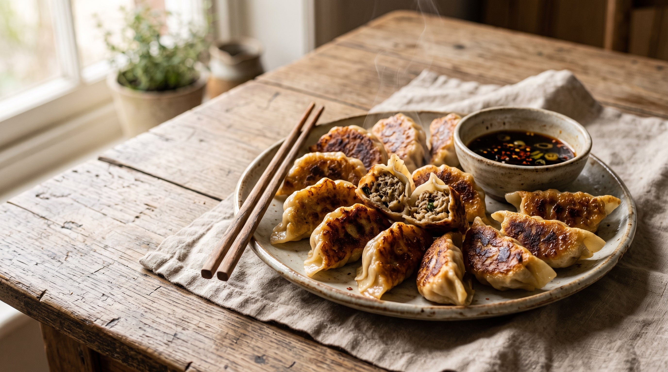 Pan-fried lamb and cumin dumplings made with grass-fed lamb mince, served potsticker-style with dipping sauce.