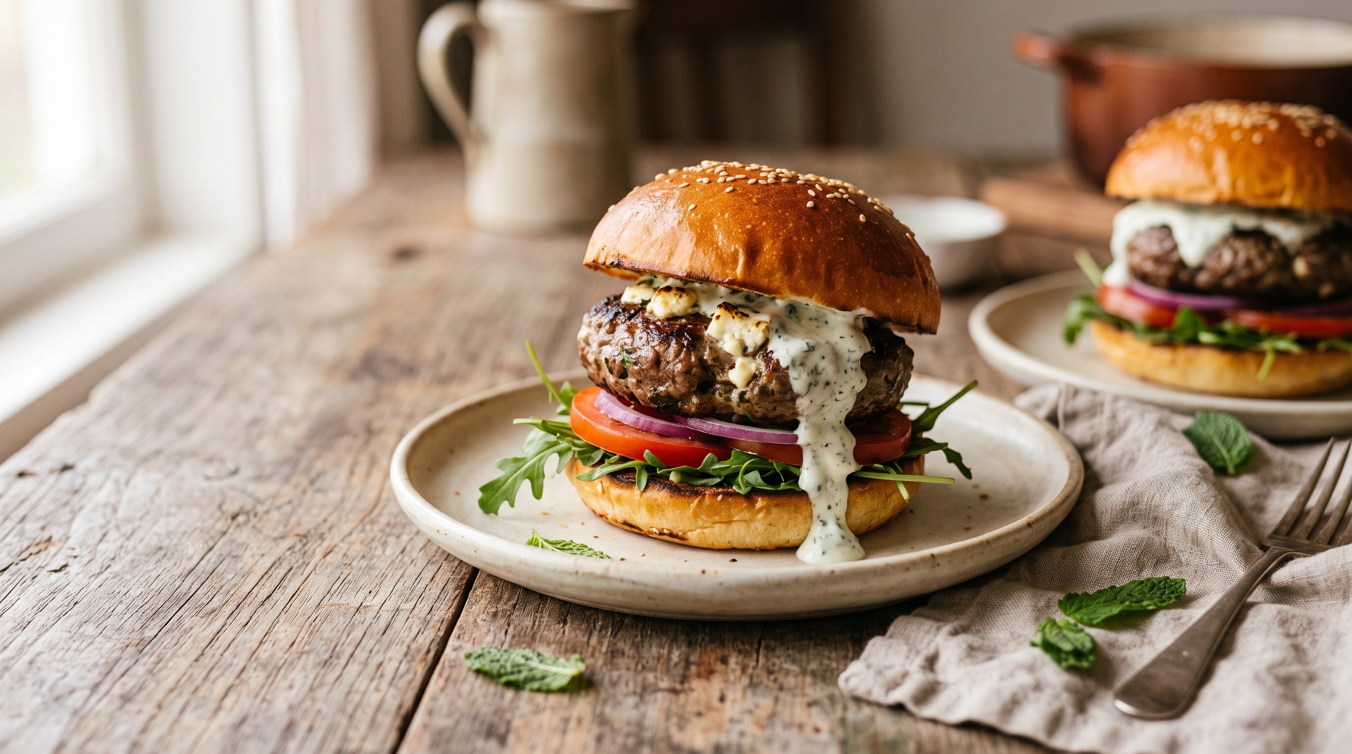 Grass-fed lamb and feta burger with mint yoghurt, rocket and tomato on a toasted bun.