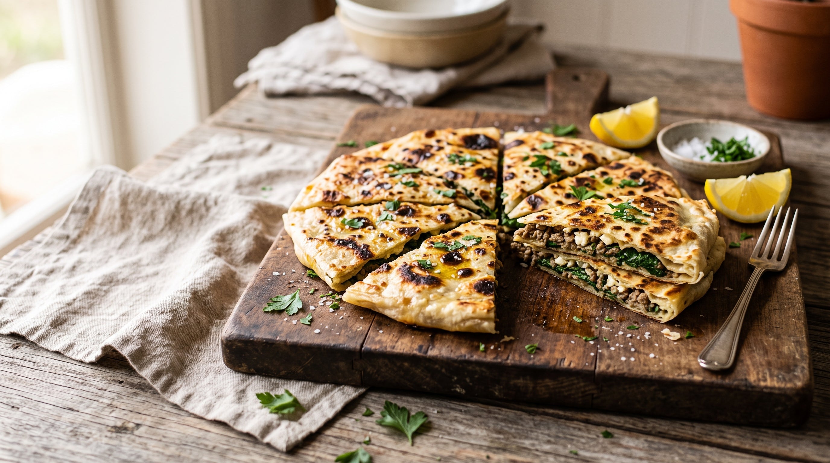 Turkish-style gozleme filled with spiced grass-fed lamb mince, spinach and feta, cut into golden wedges with lemon.
