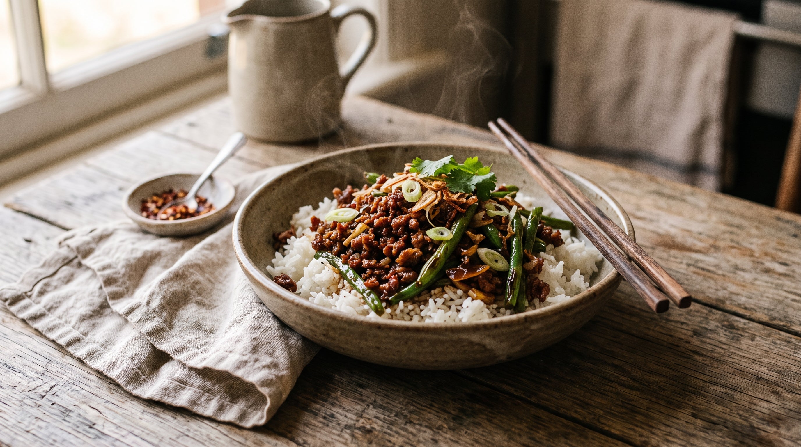 Stir-fried grass-fed lamb mince with blistered green beans served over steamed rice.