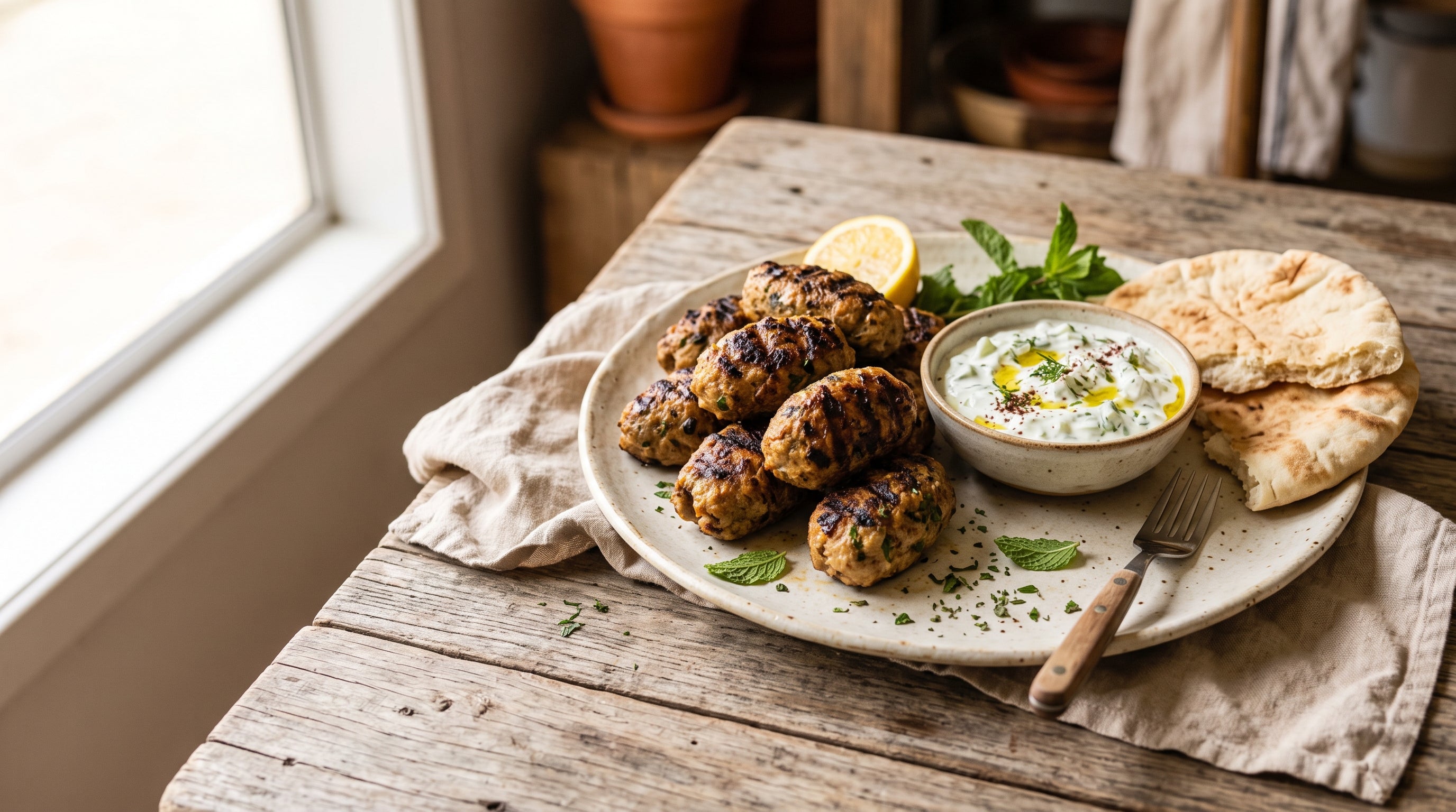 Grilled lamb koftas made with grass-fed lamb mince, served with tzatziki and warm pita bread.