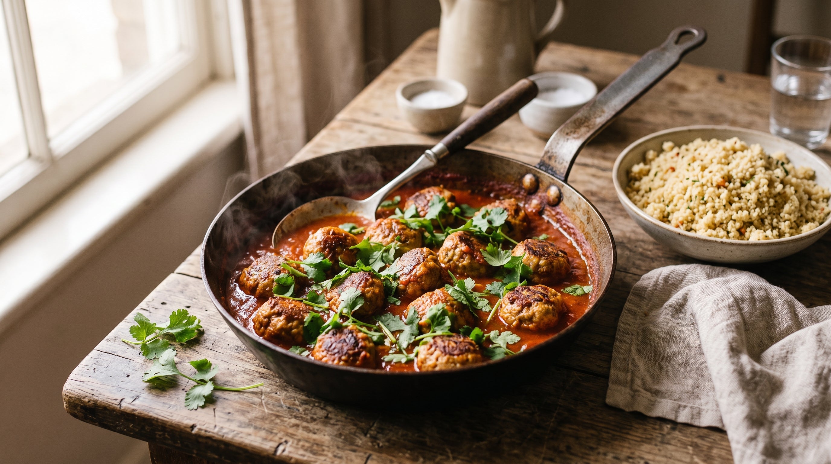 Spiced lamb meatballs made with grass-fed lamb mince, simmering in tomato sauce with fresh coriander.