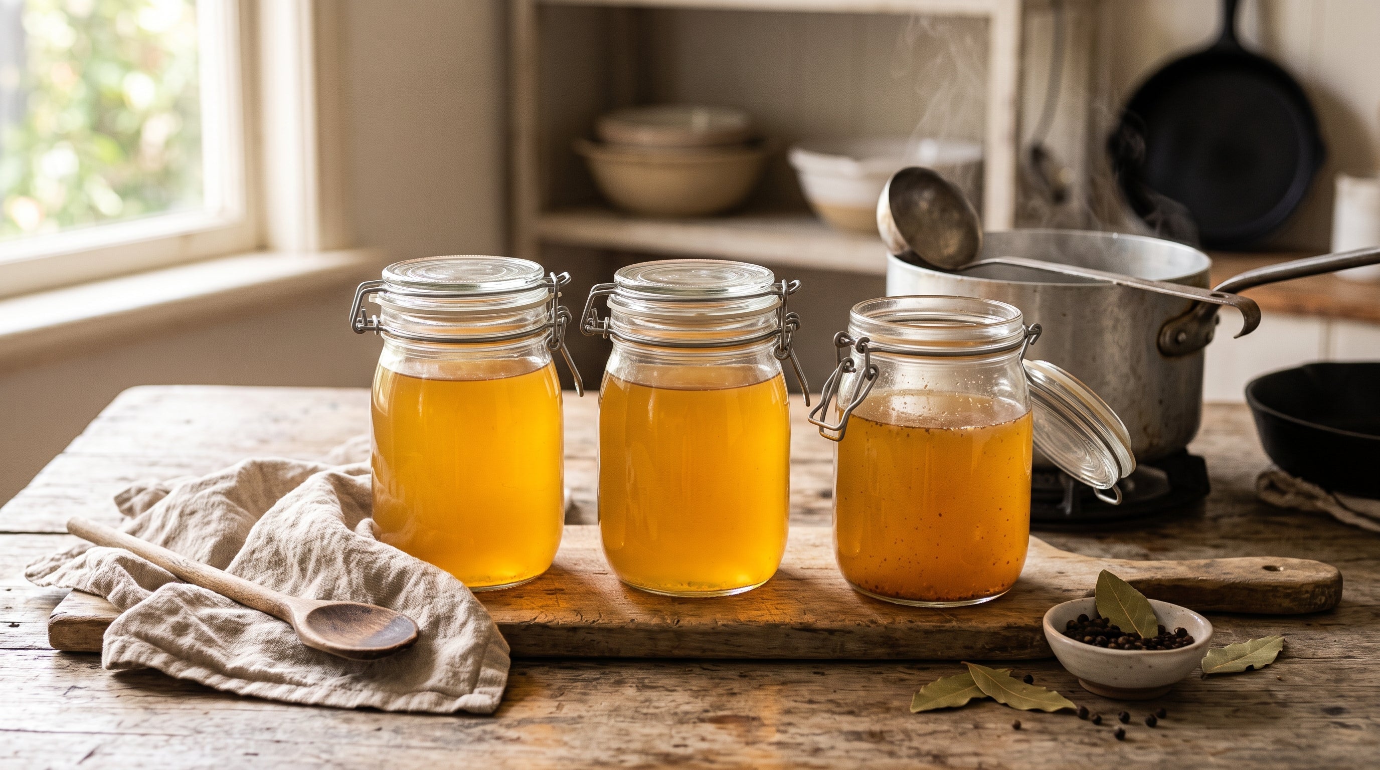 Jars of golden homemade lamb stock made from grass-fed lamb bones, ready for the freezer.