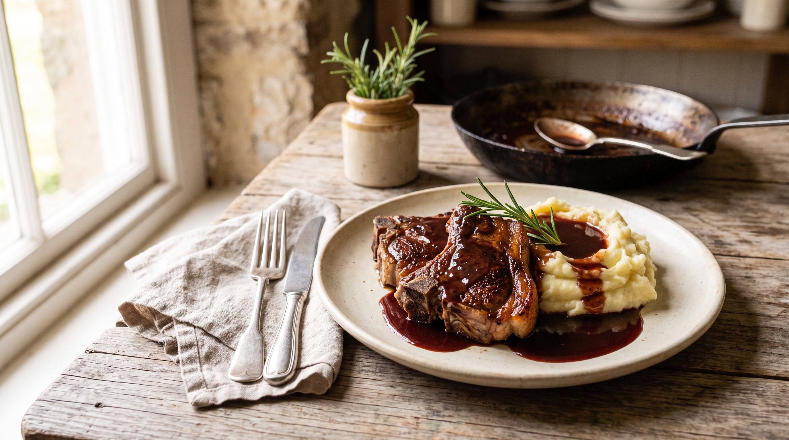 Grass-fed lamb loin chops with glossy red wine and rosemary pan sauce served with creamy mash.