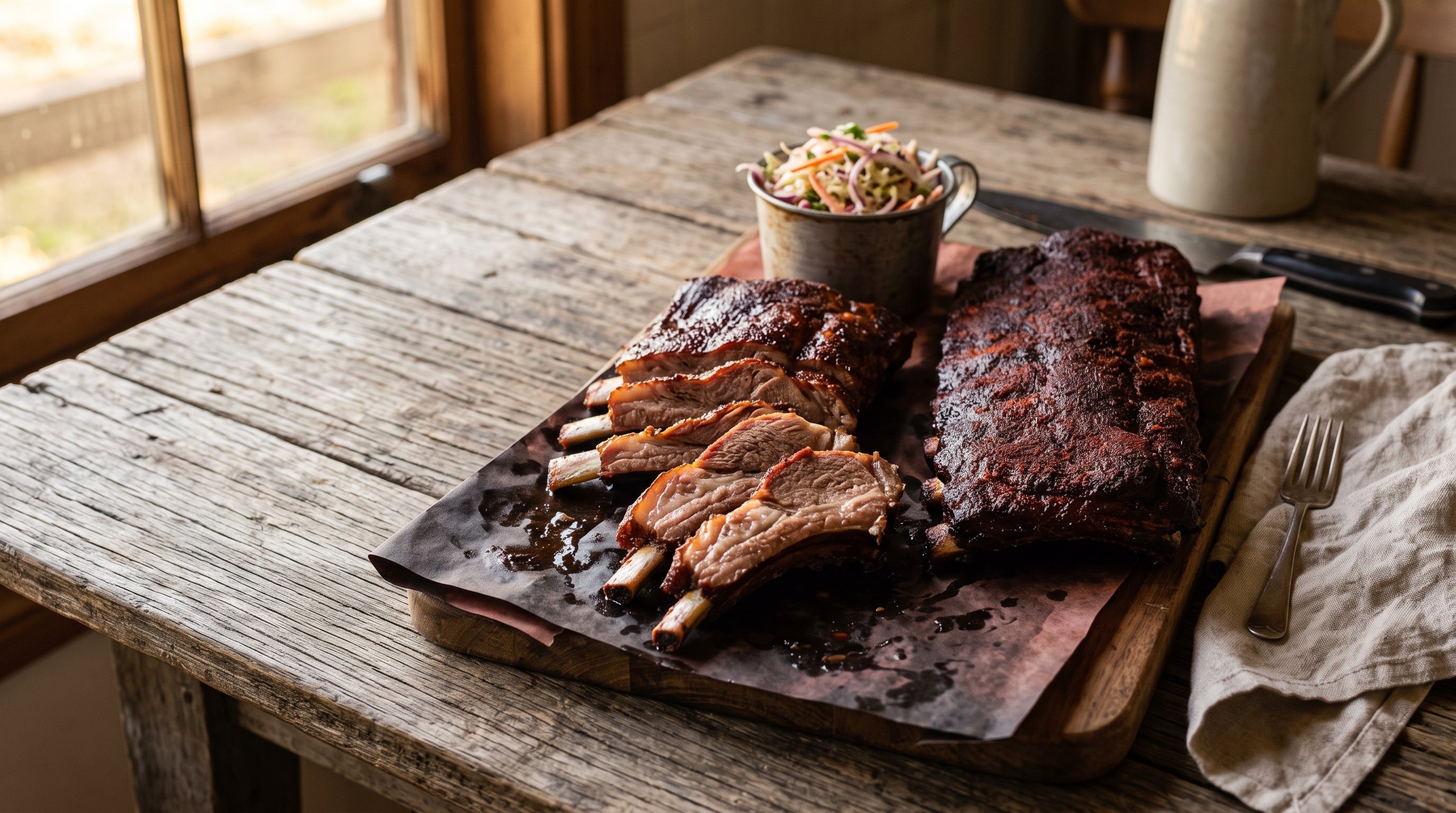 Low-and-slow barbecued grass-fed lamb ribs with a dry-rub bark, sliced on butcher's paper.