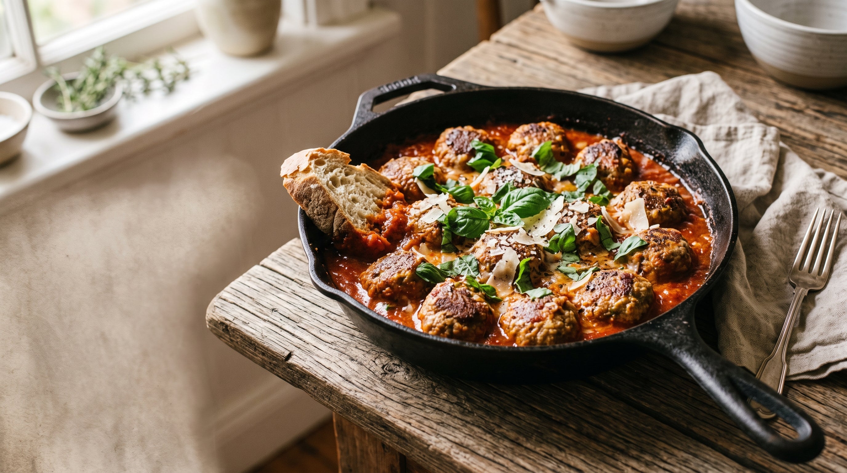 Grass-fed beef meatballs in rich tomato sauce with basil in a skillet