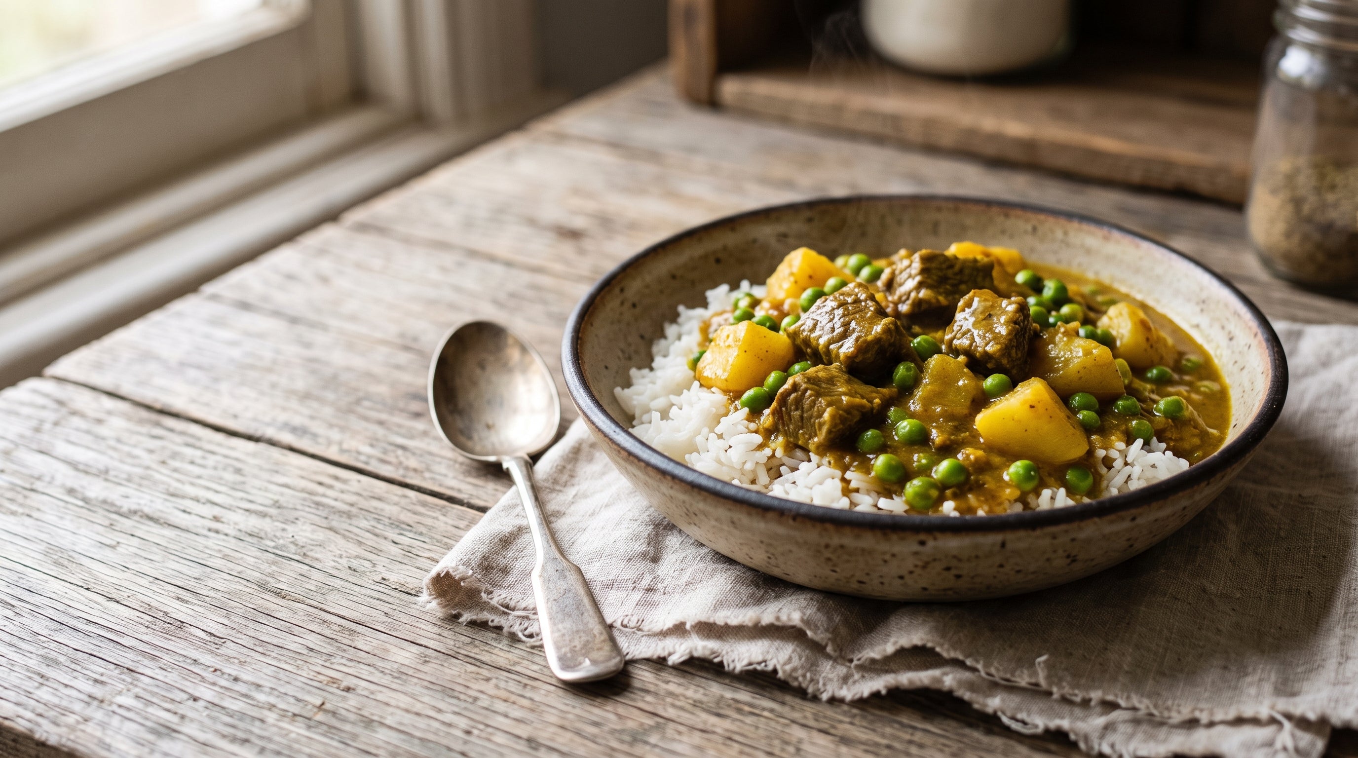 A bowl of mild beef and potato curry made with grass-fed diced beef, served over steamed rice with peas through the golden gravy.